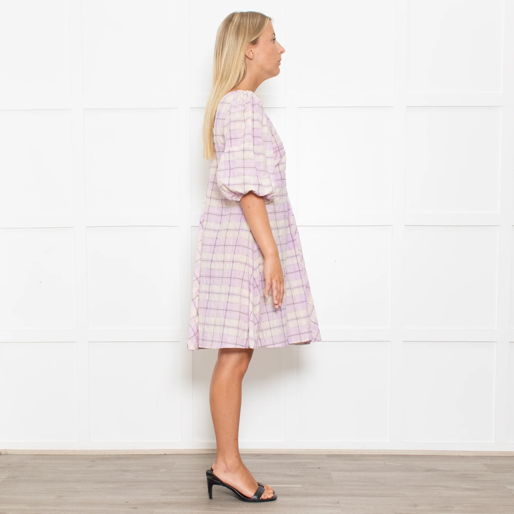 Ganni Lilac Check Trapeze Mini Dress - Image 6