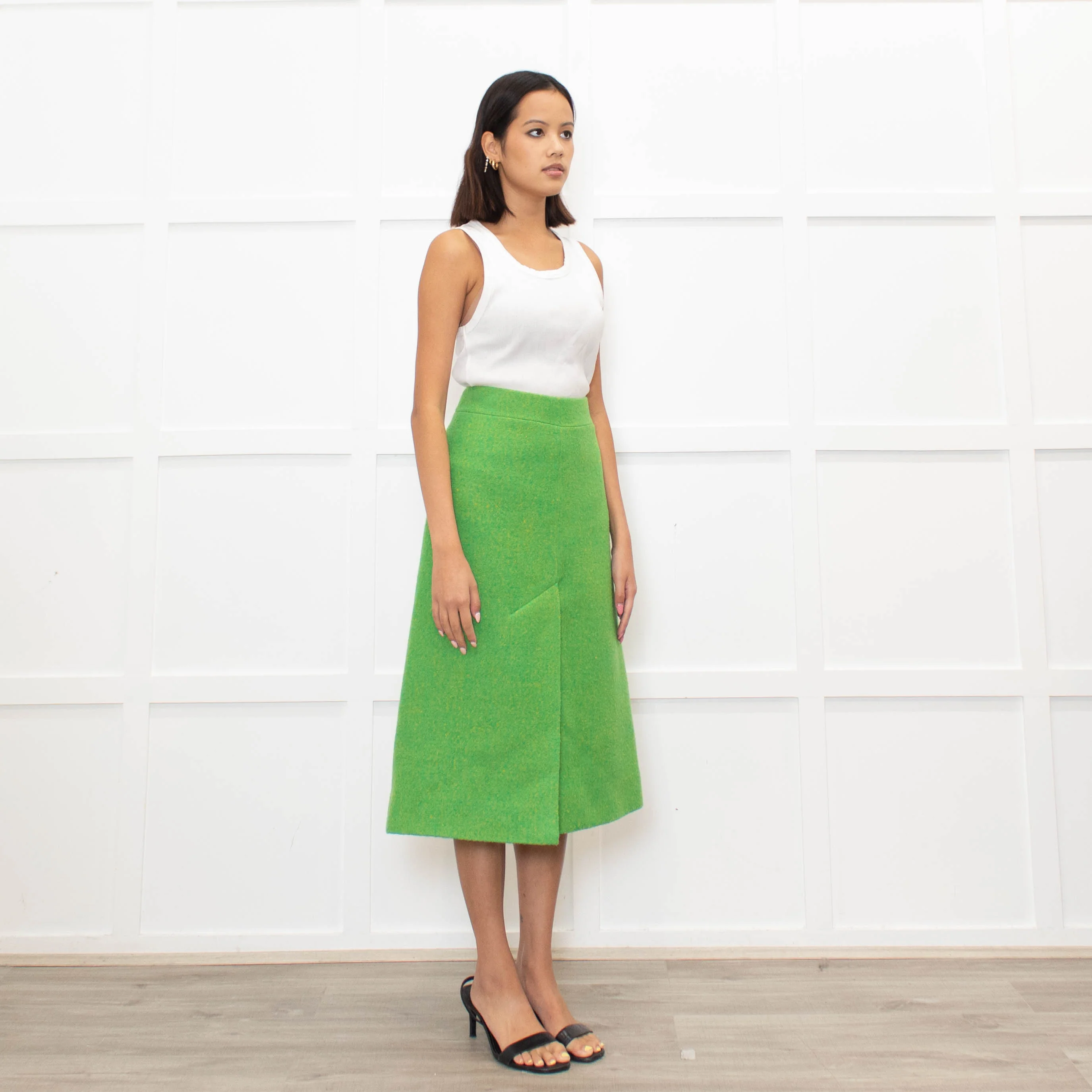 Ganni Lime Green Yellow Virgin Wool Tweedy A Line Skirt - Image 3