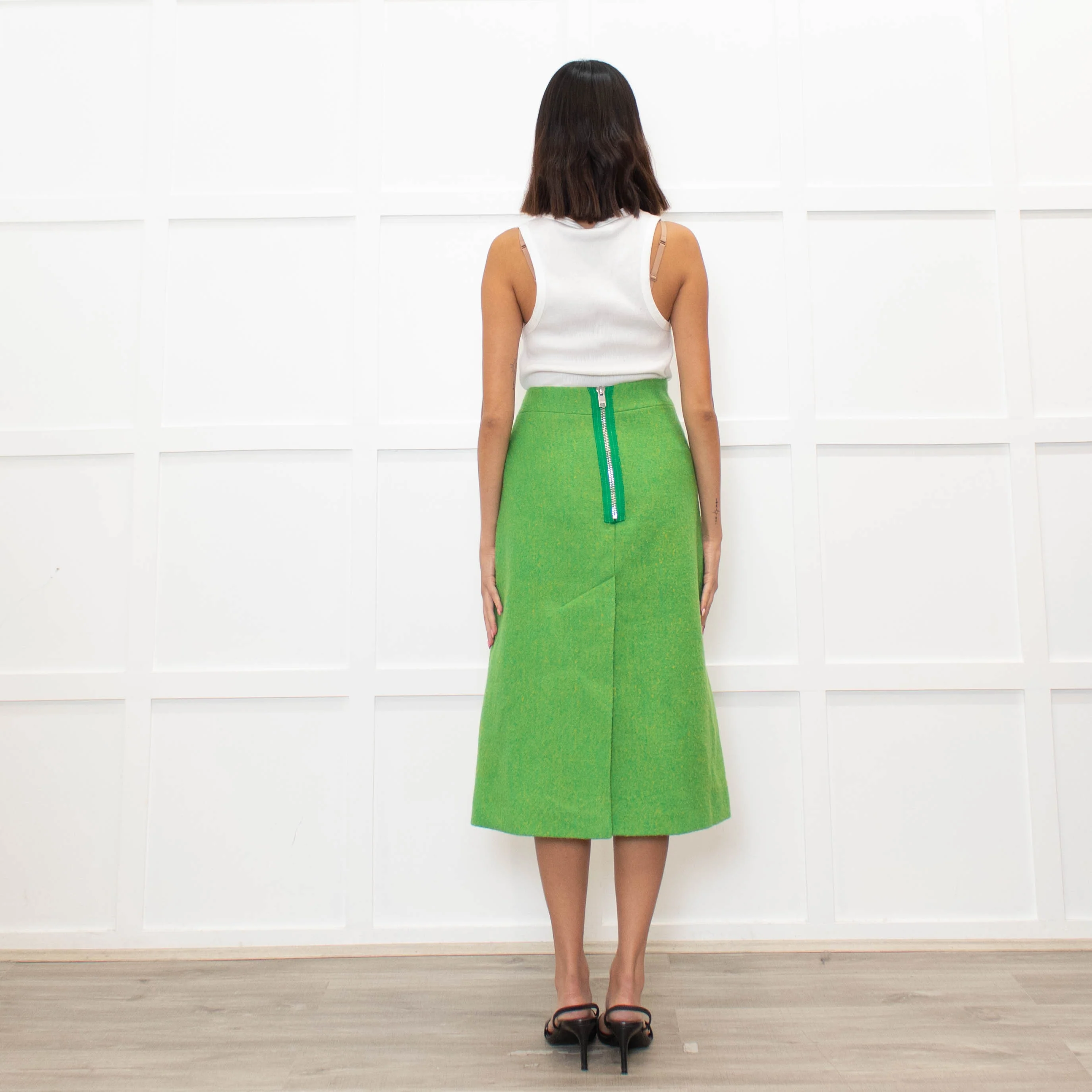 Ganni Lime Green Yellow Virgin Wool Tweedy A Line Skirt - Image 5