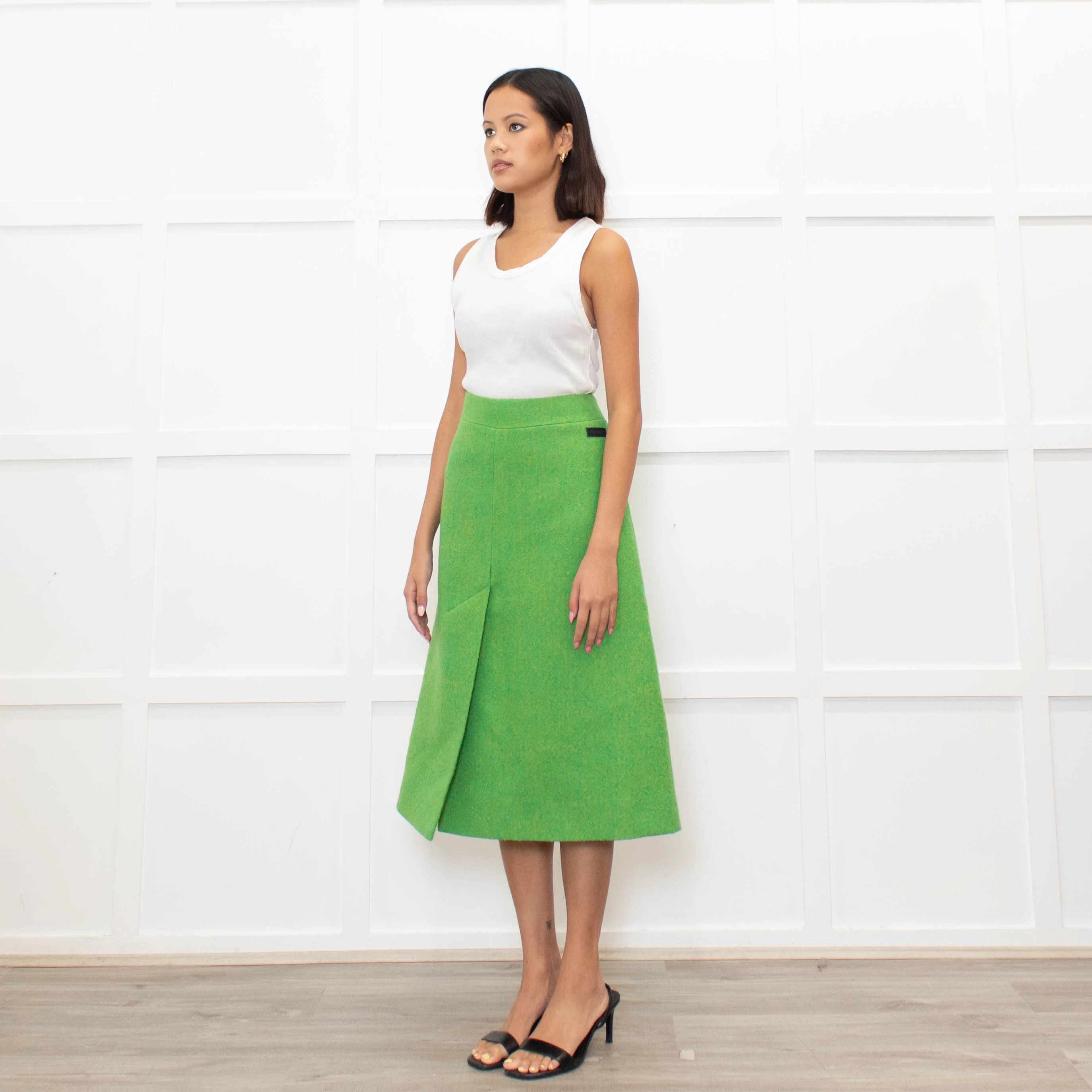 Ganni Lime Green Yellow Virgin Wool Tweedy A Line Skirt - Image 7