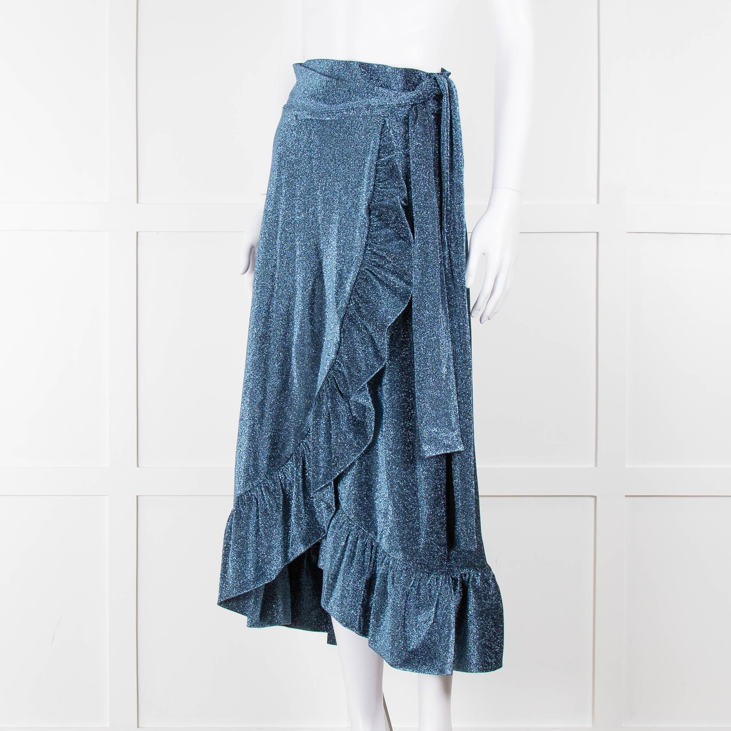 Ganni Metallic Blue Shimmery Wrap  Skirt - Image 8
