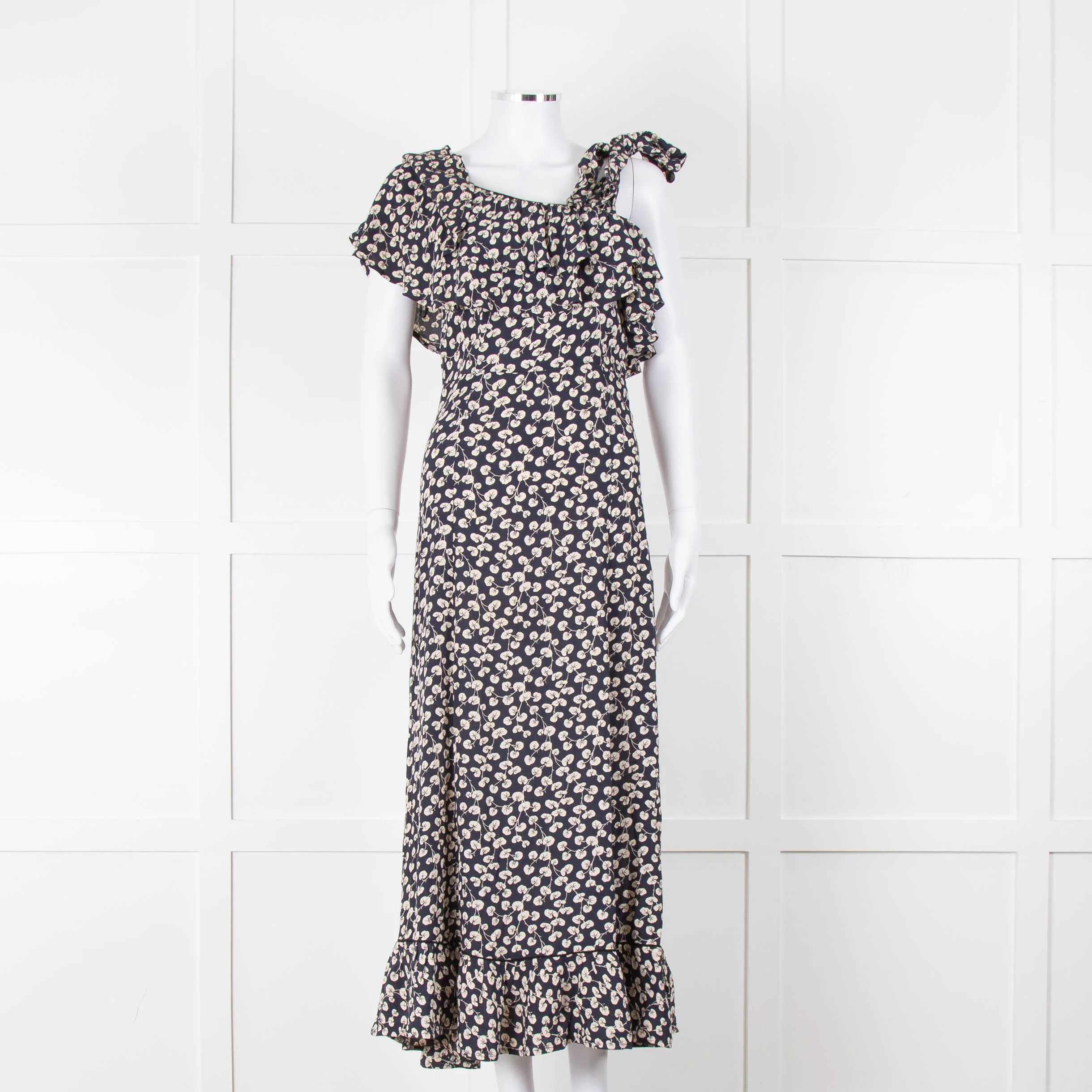 Ganni Navy Cream Floral Asymmetric Top Long Dress