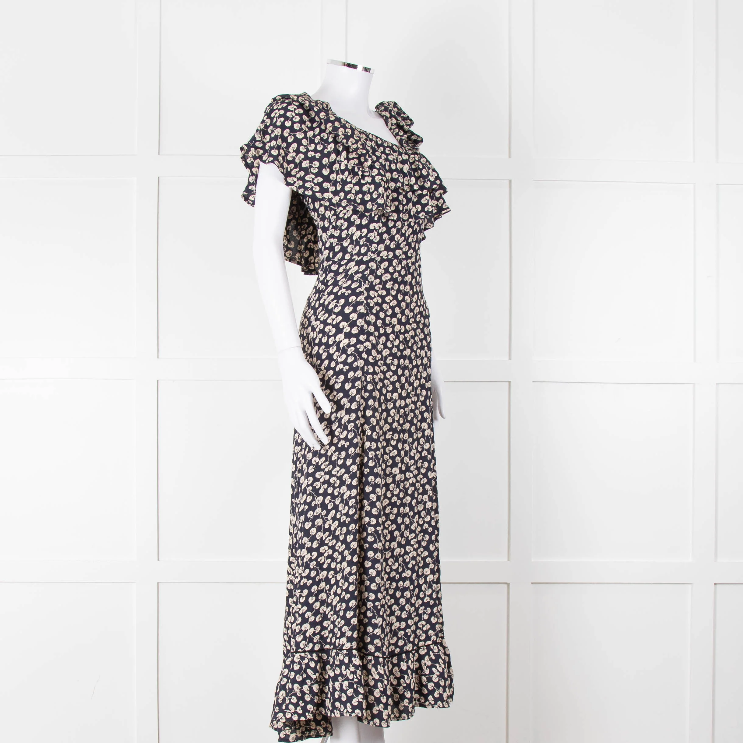 Ganni Navy Cream Floral Asymmetric Top Long Dress - Image 2