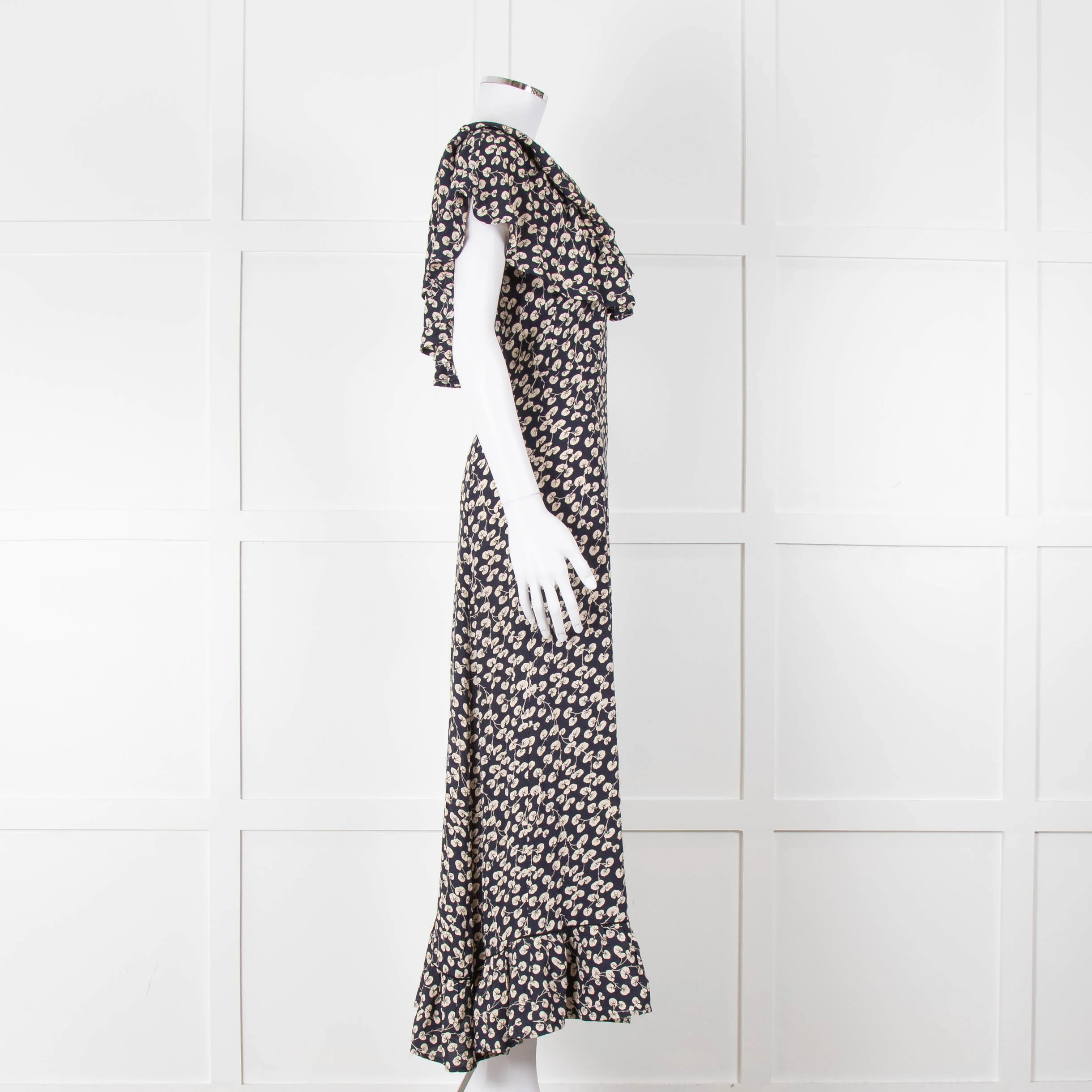 Ganni Navy Cream Floral Asymmetric Top Long Dress - Image 3