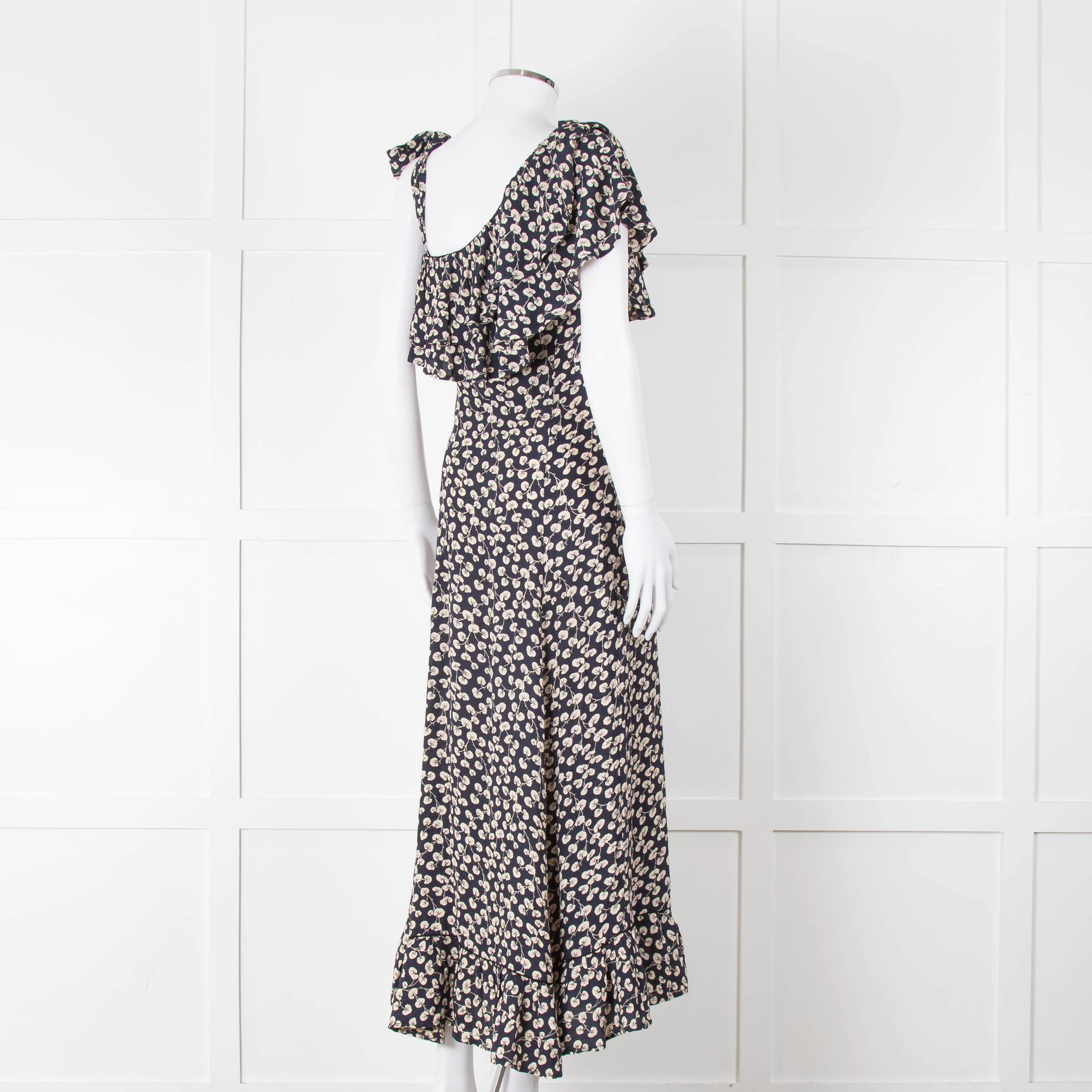 Ganni Navy Cream Floral Asymmetric Top Long Dress - Image 4