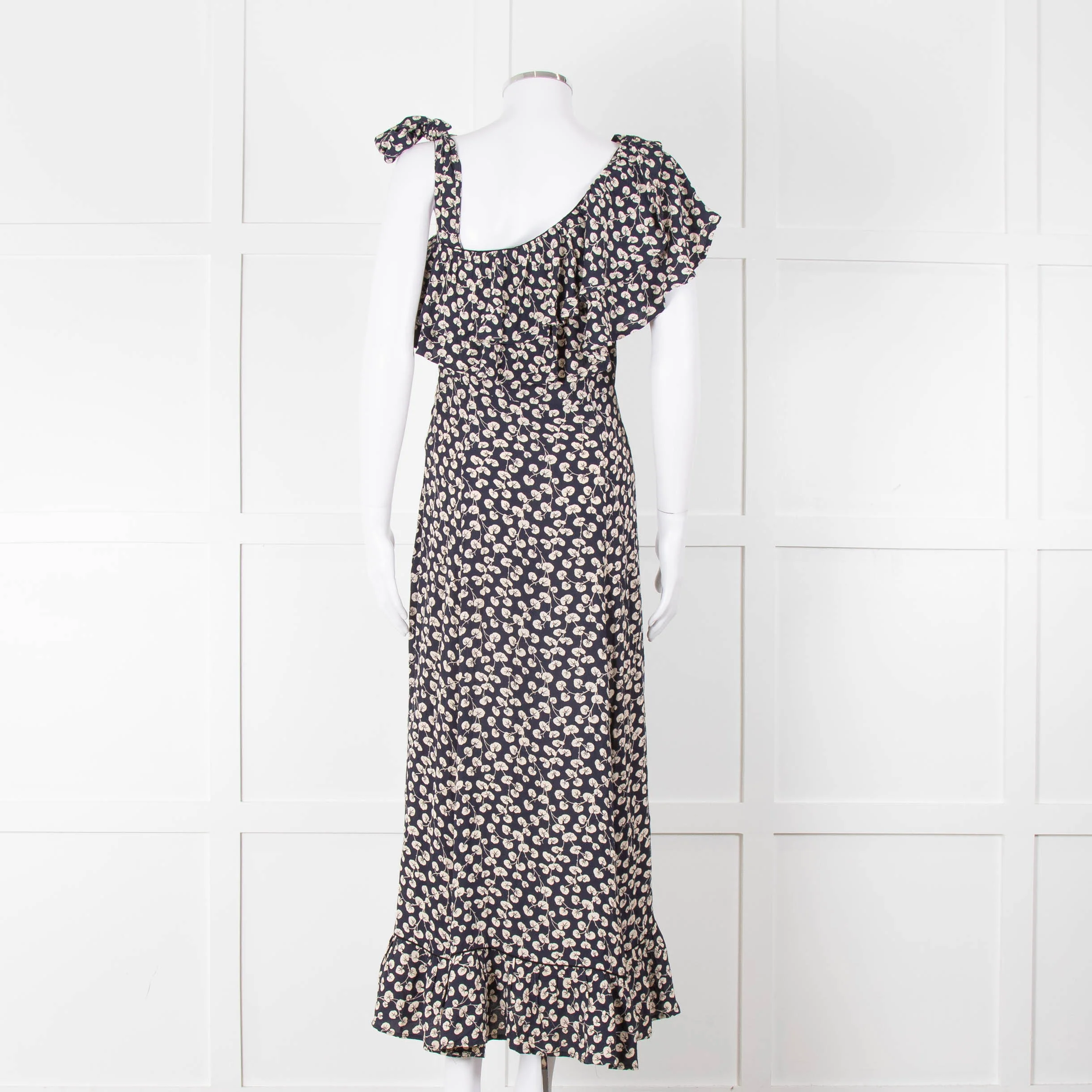Ganni Navy Cream Floral Asymmetric Top Long Dress - Image 5