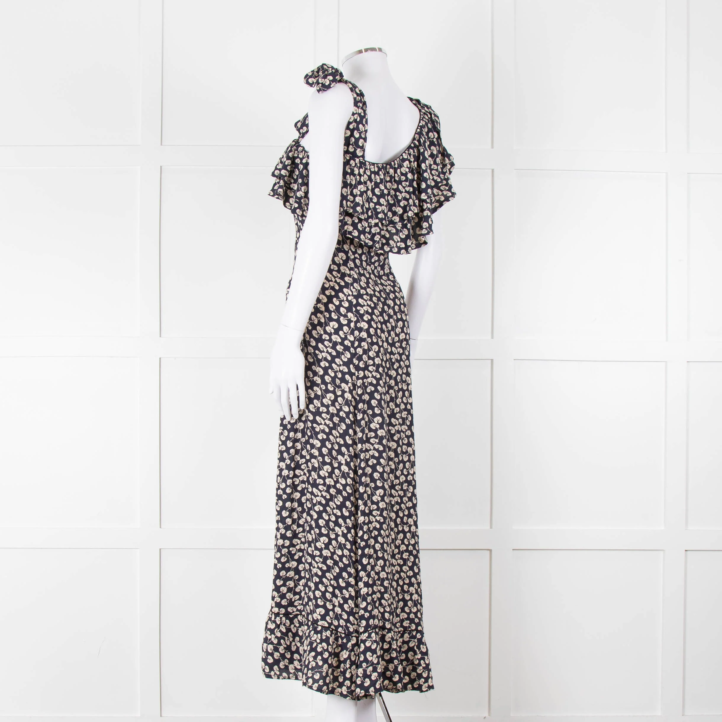Ganni Navy Cream Floral Asymmetric Top Long Dress - Image 6