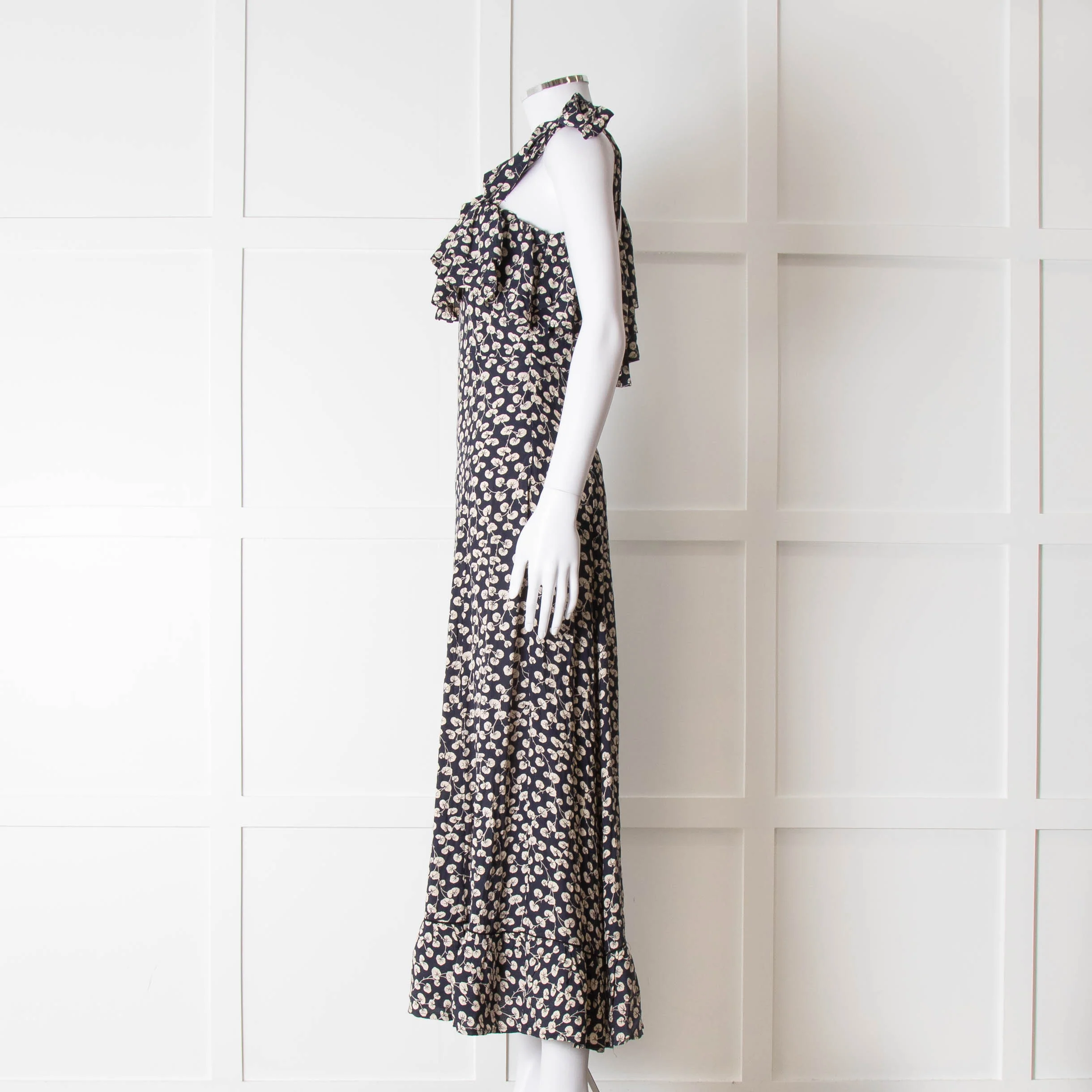 Ganni Navy Cream Floral Asymmetric Top Long Dress - Image 7