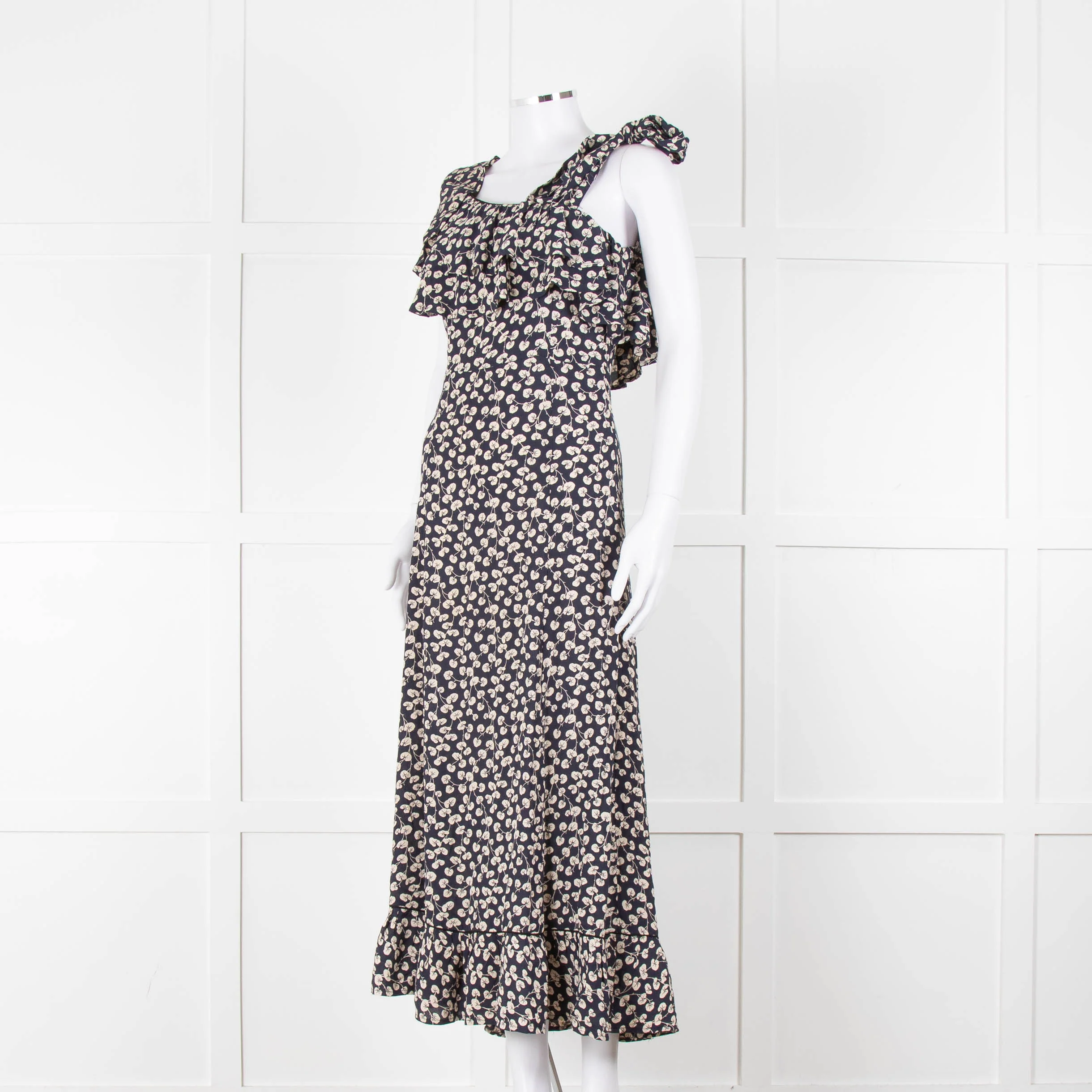 Ganni Navy Cream Floral Asymmetric Top Long Dress - Image 8