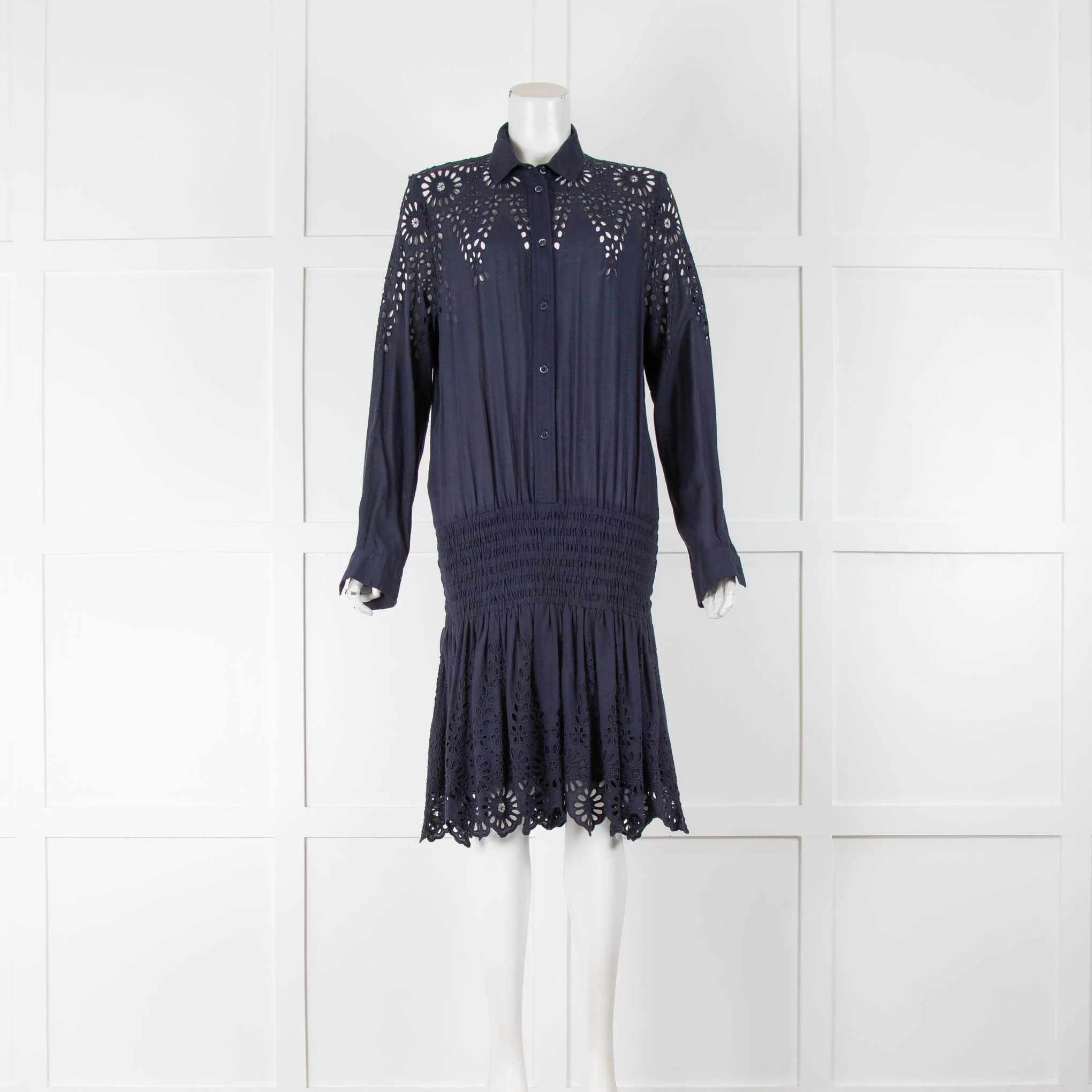 Ganni Navy Dress With Laser Detail And Gathered Waist