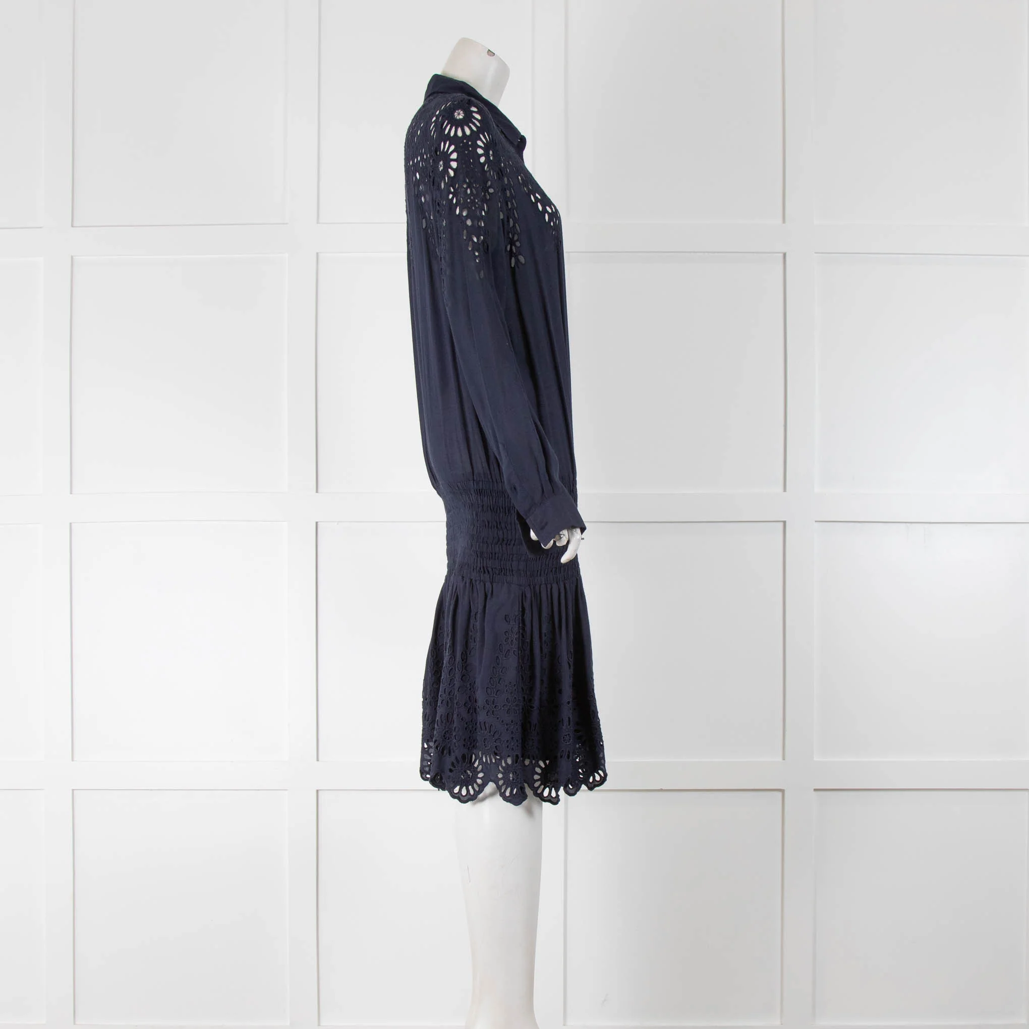 Ganni Navy Dress With Laser Detail And Gathered Waist - Image 2