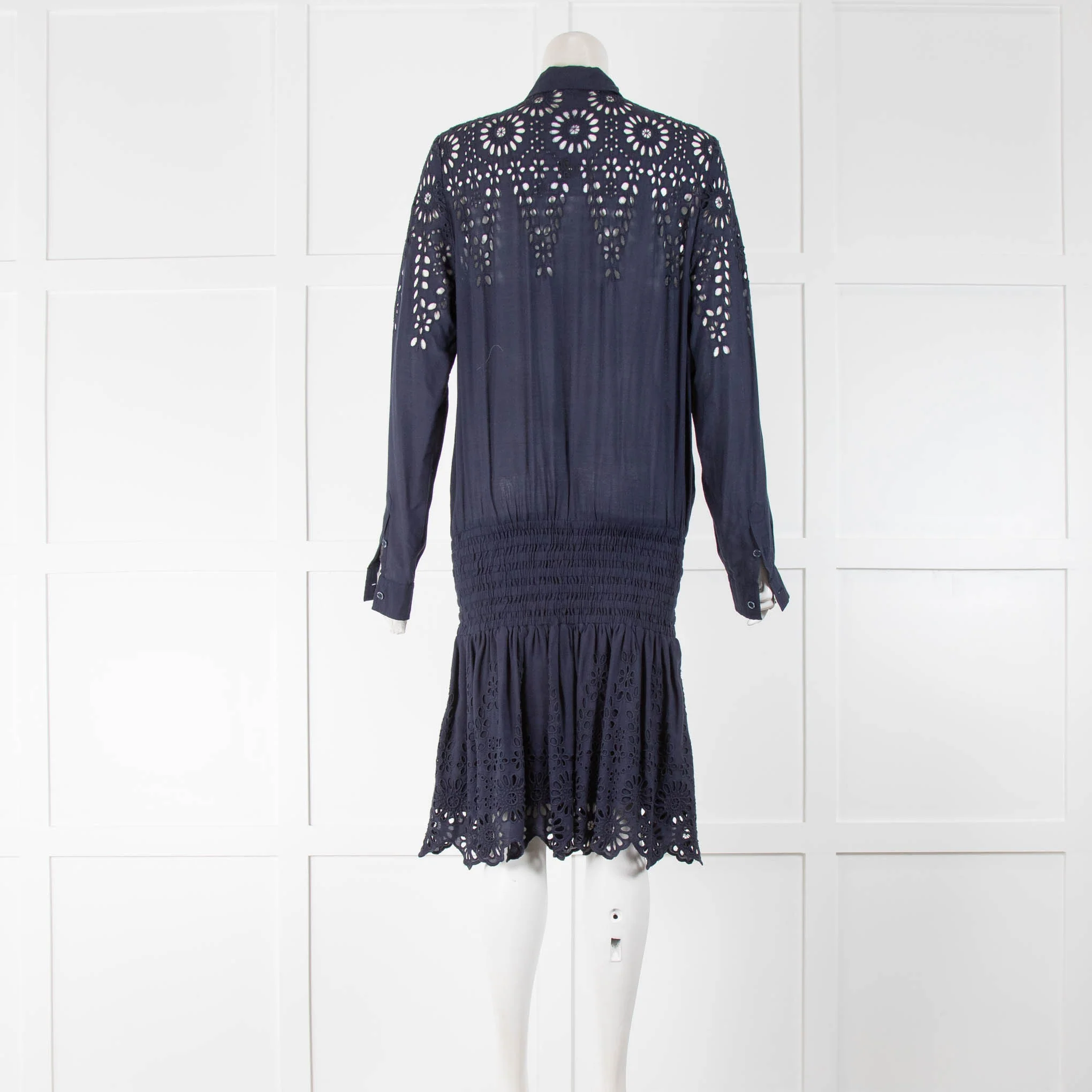 Ganni Navy Dress With Laser Detail And Gathered Waist - Image 3