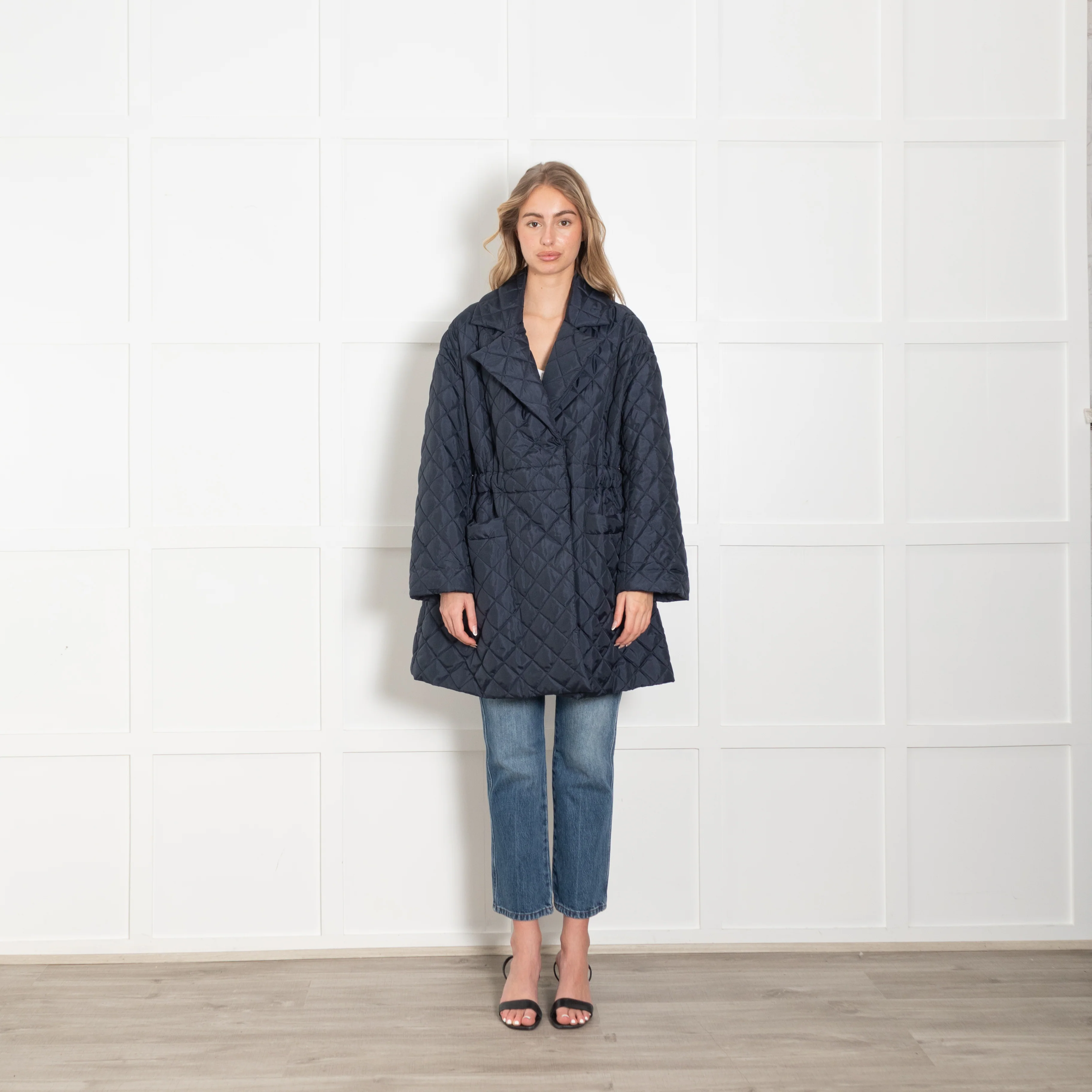 Ganni Navy Quilted Cinch Waist Coat