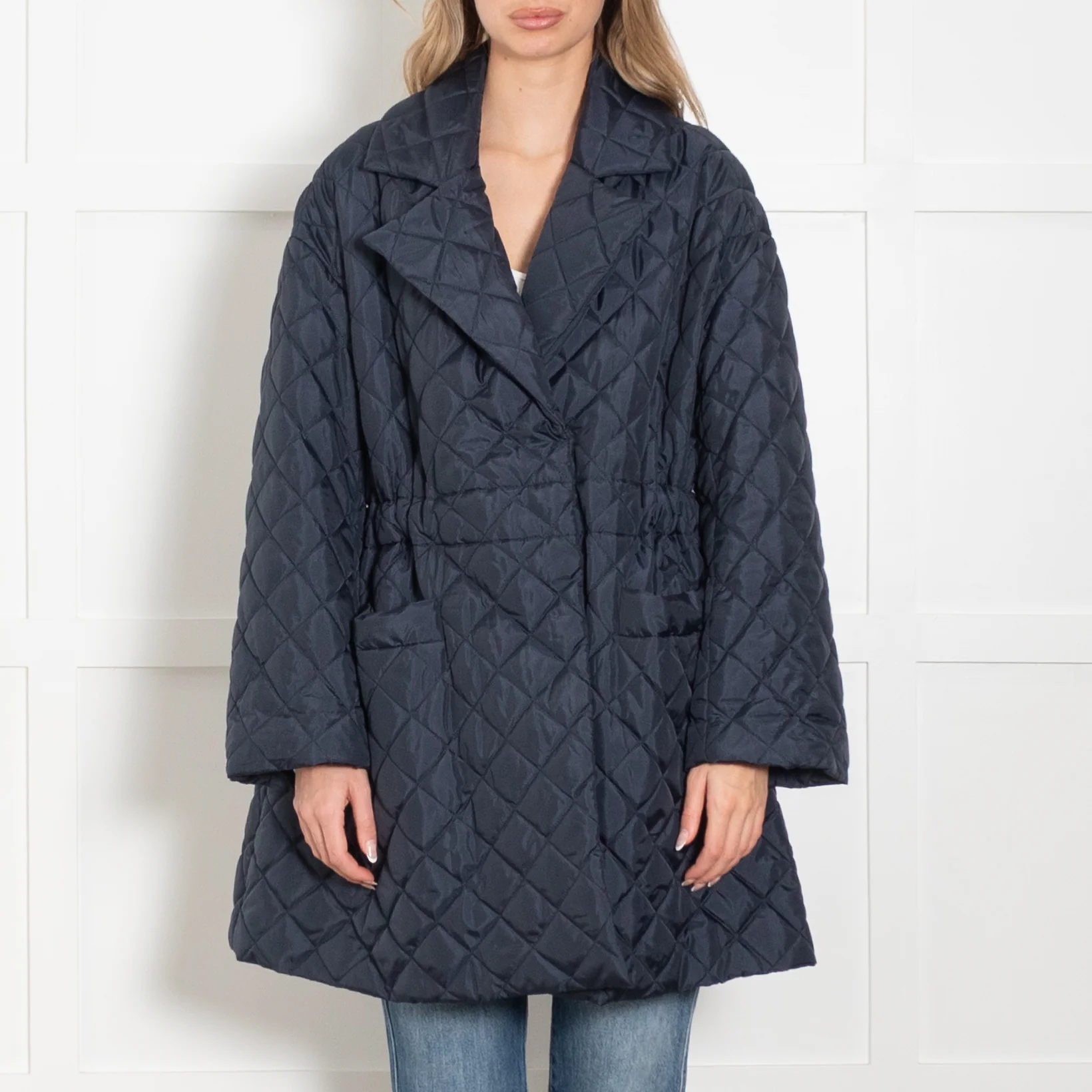 Ganni Navy Quilted Cinch Waist Coat - Image 2