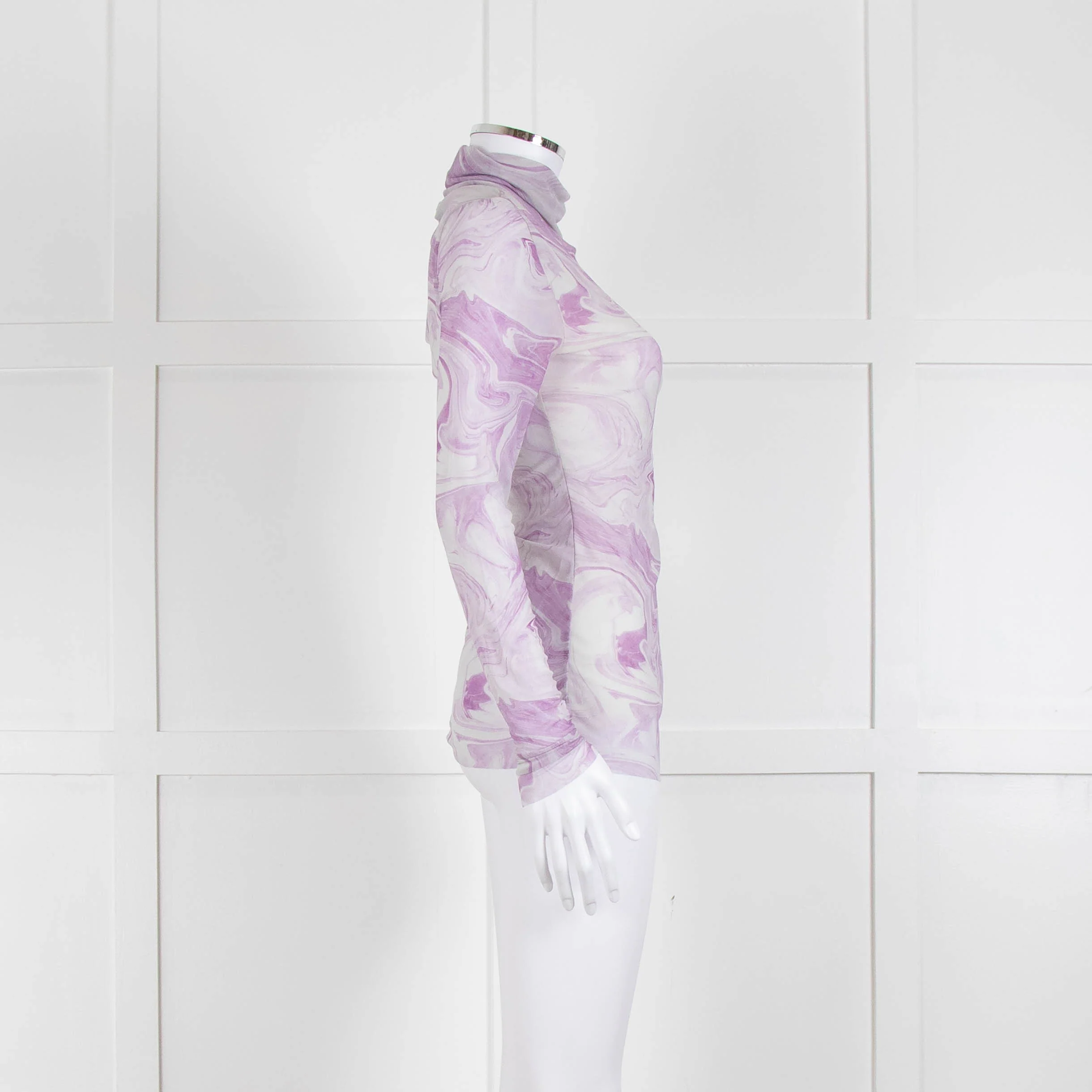 Ganni Off White Lilac Swirl Print Net High Neck Top - Image 3