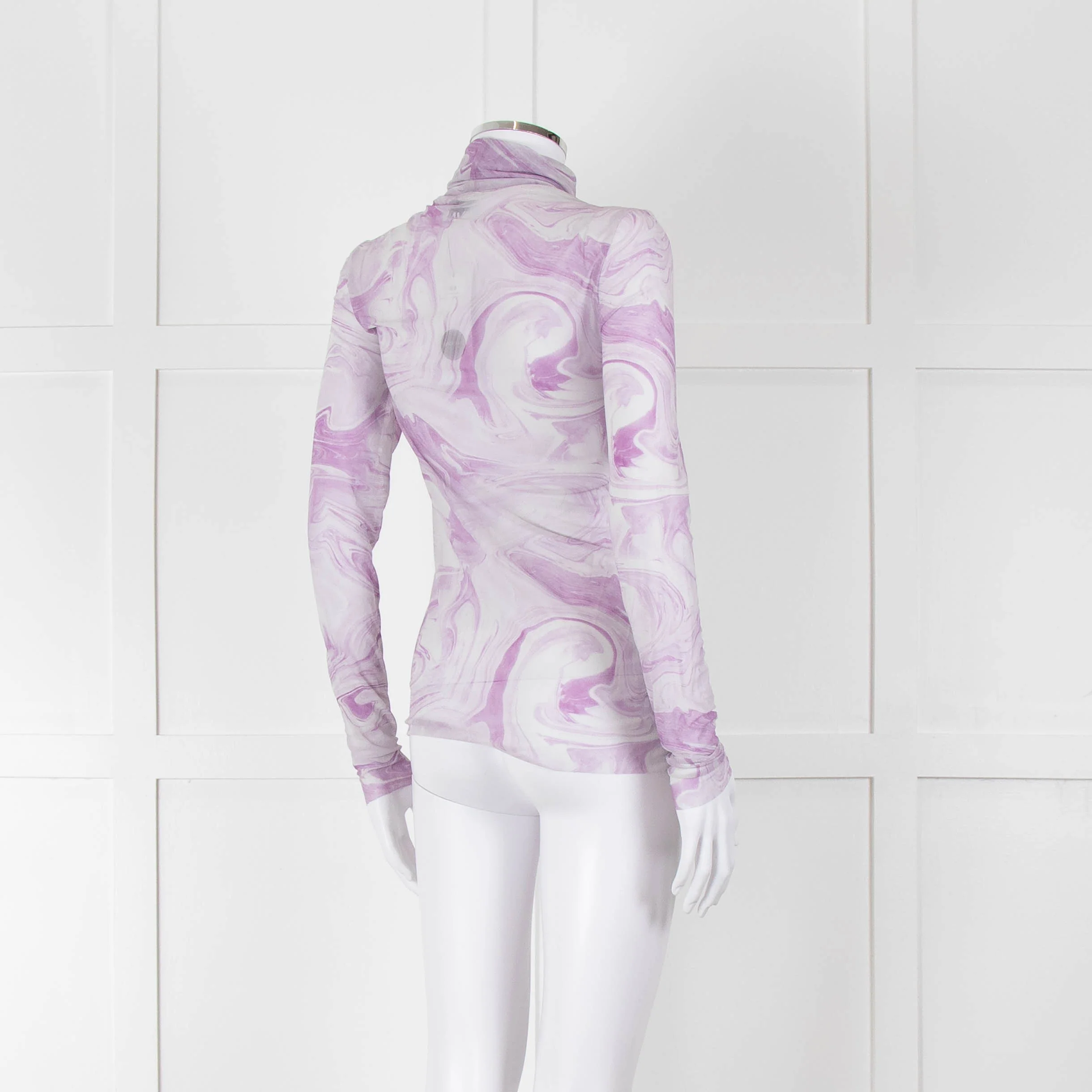 Ganni Off White Lilac Swirl Print Net High Neck Top - Image 4