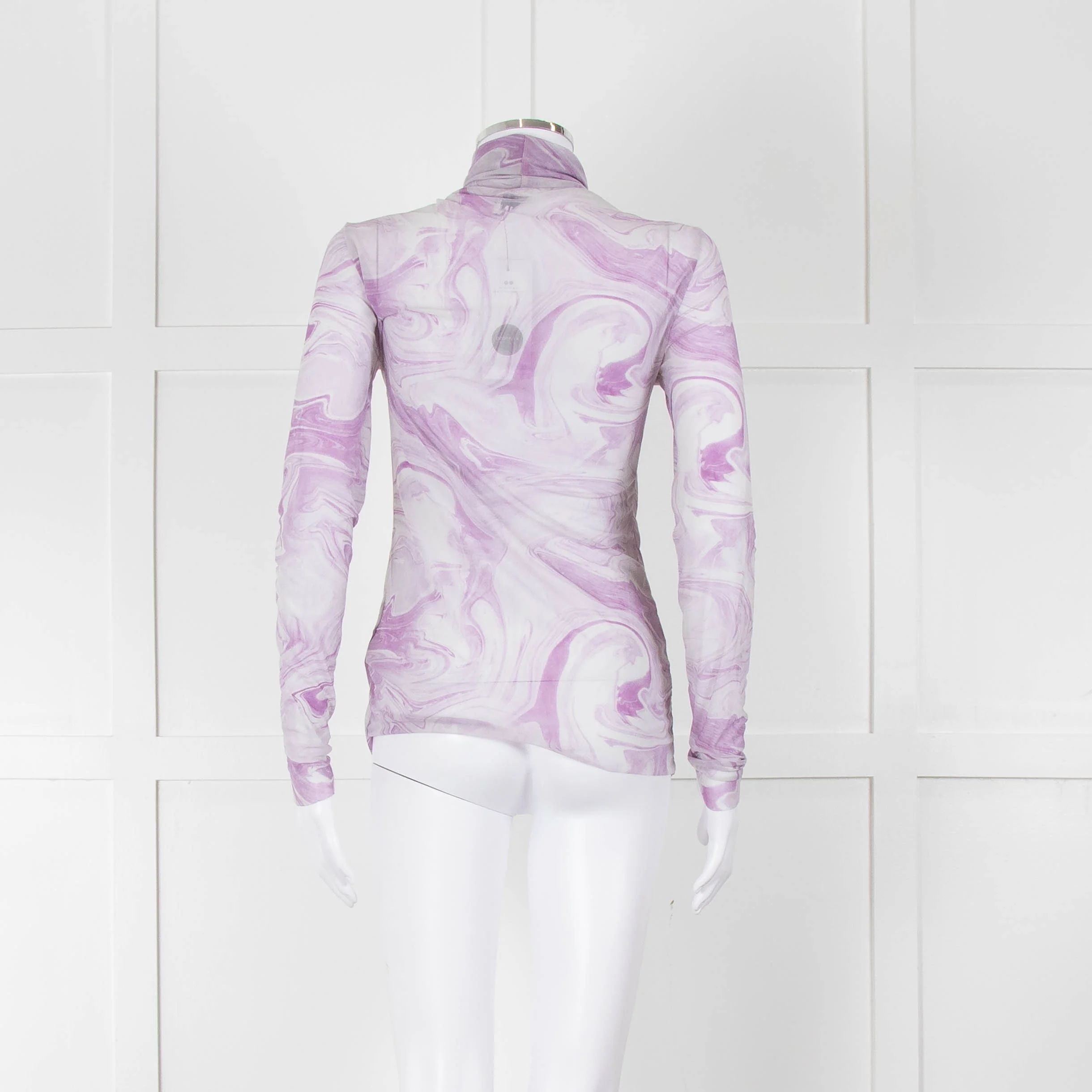 Ganni Off White Lilac Swirl Print Net High Neck Top - Image 5
