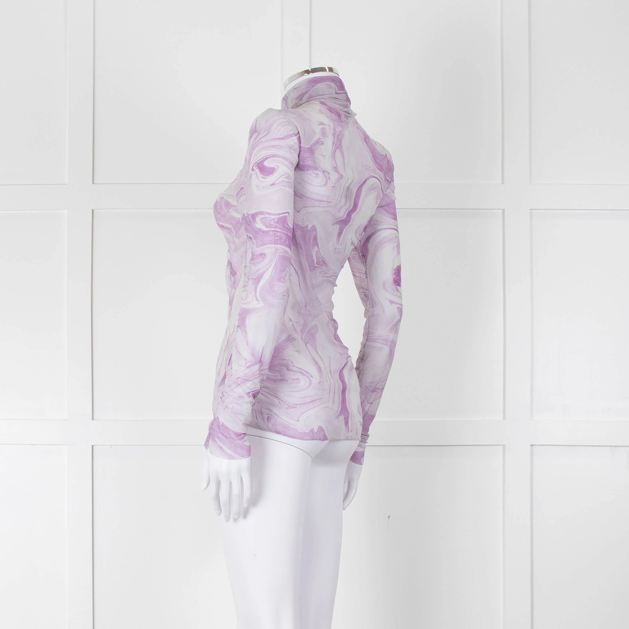 Ganni Off White Lilac Swirl Print Net High Neck Top - Image 6