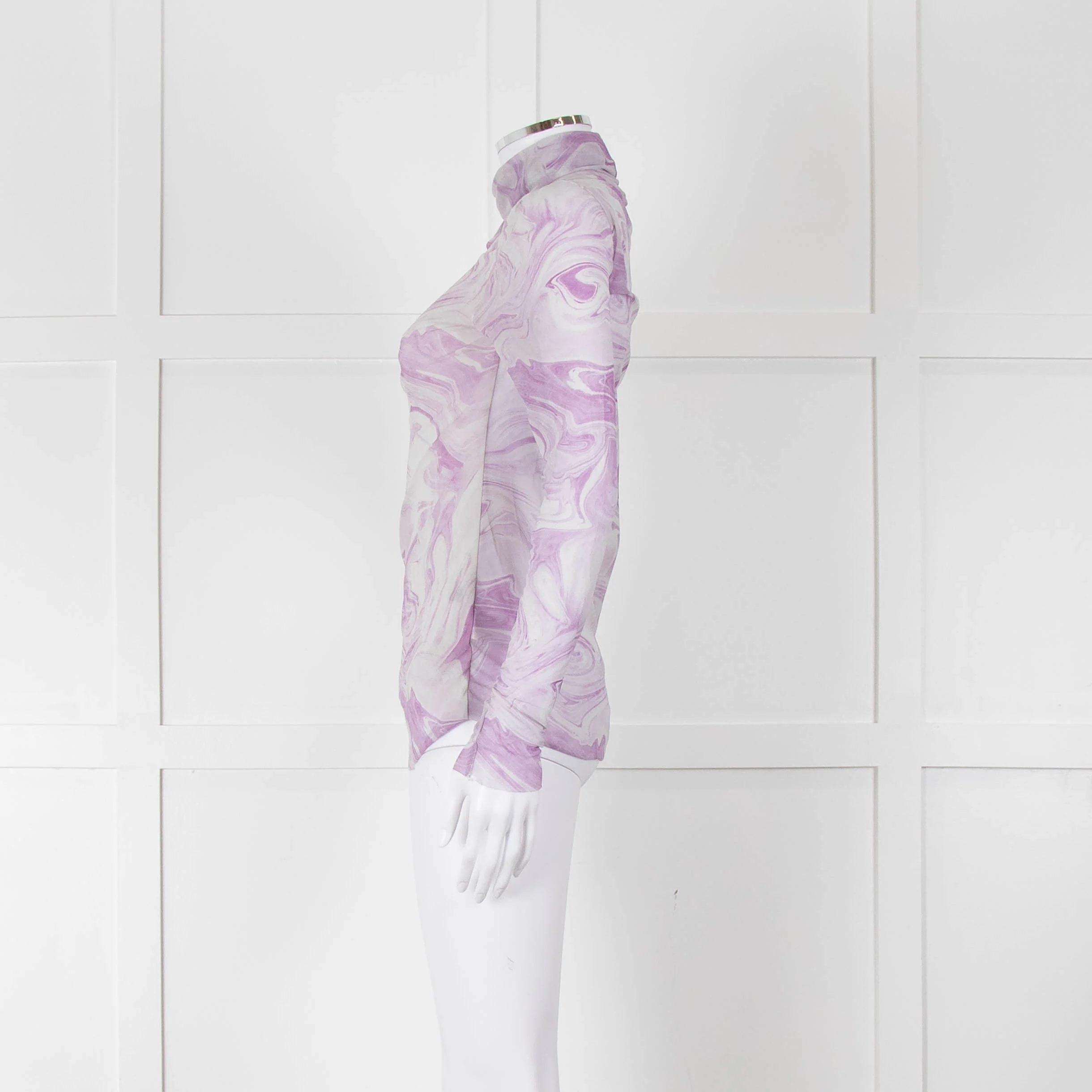 Ganni Off White Lilac Swirl Print Net High Neck Top - Image 7