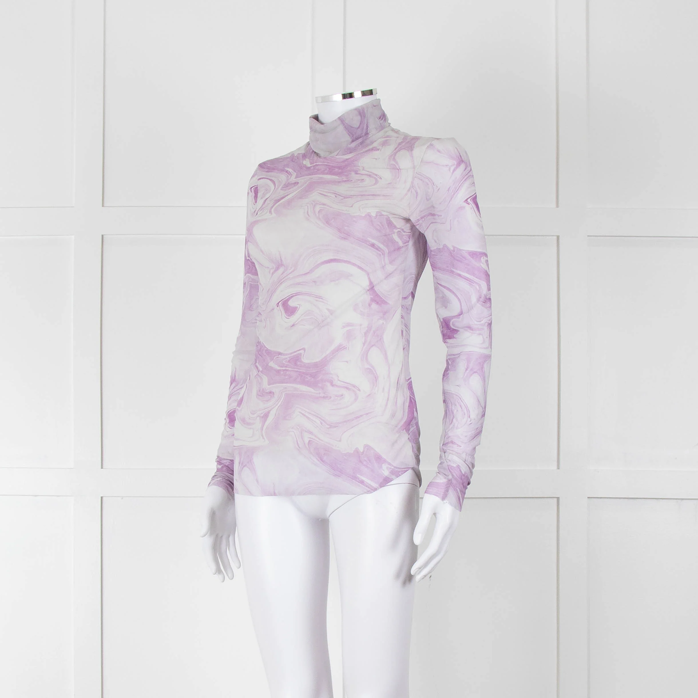 Ganni Off White Lilac Swirl Print Net High Neck Top - Image 8