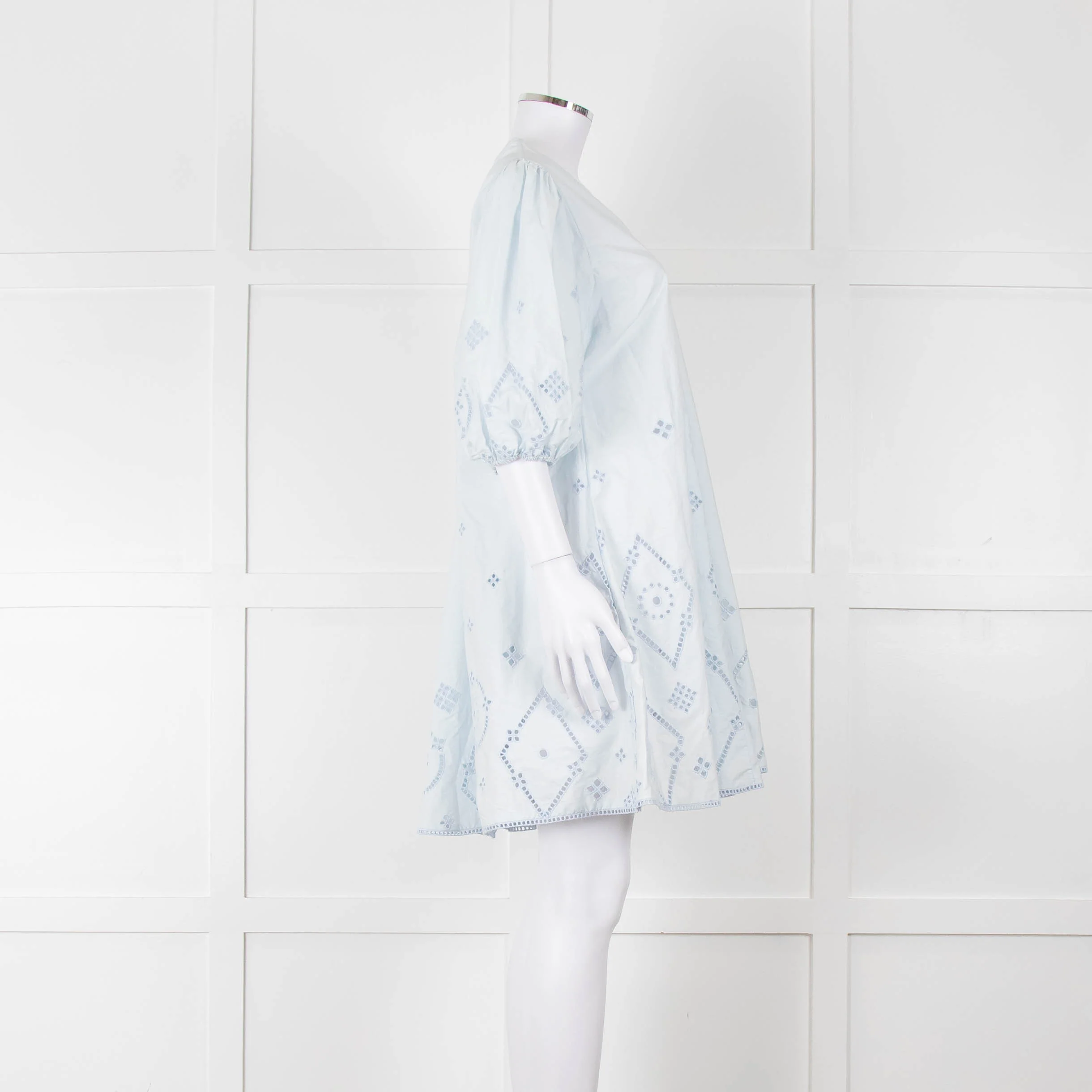 Ganni Pale Blue Cotton Embroidered Puff Sleeve Short Dress - Image 3