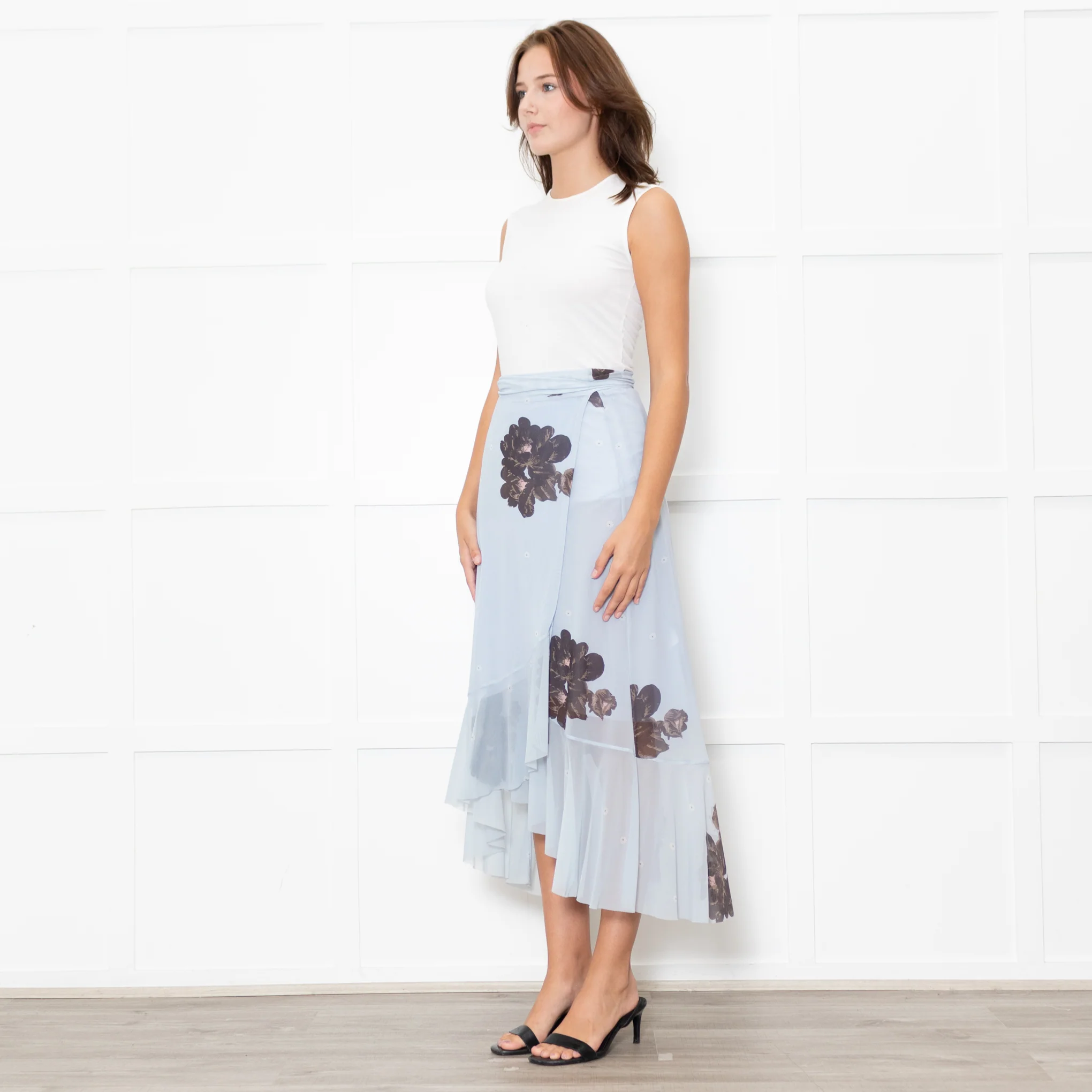 Ganni Pale Blue Frilled Wrap Skirt With Brown Flowers - Image 3