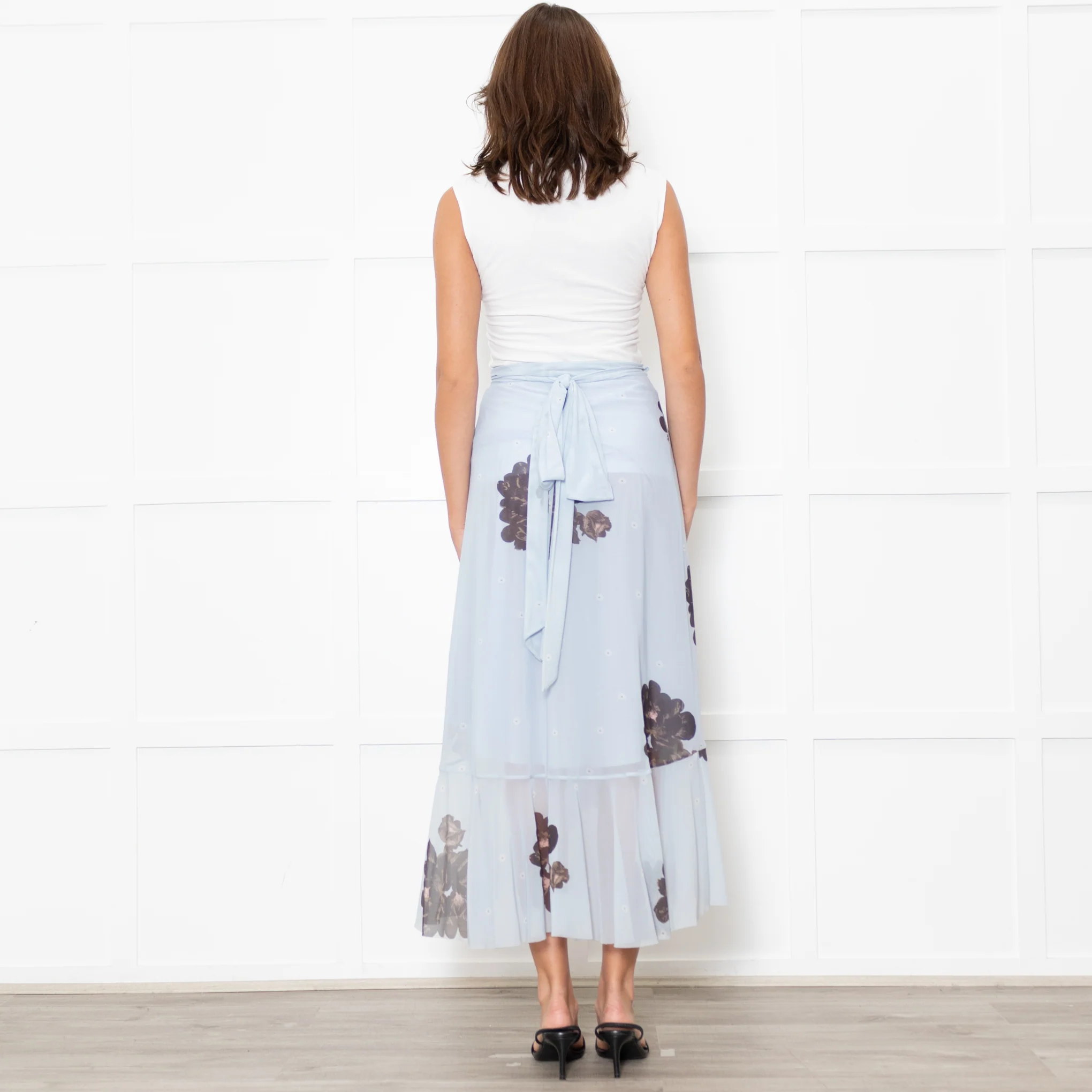 Ganni Pale Blue Frilled Wrap Skirt With Brown Flowers - Image 5