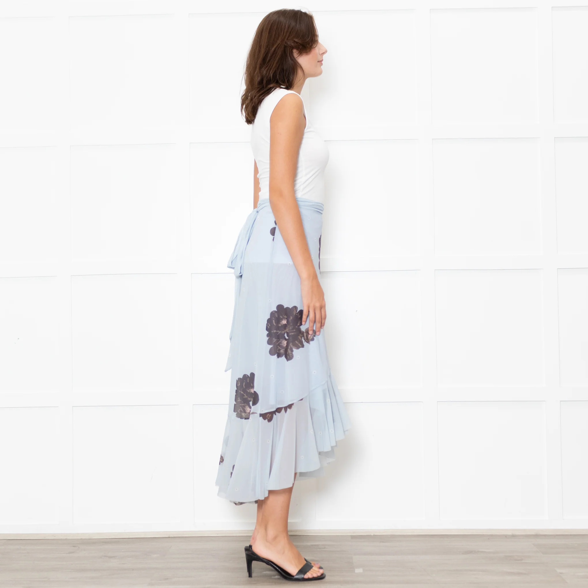 Ganni Pale Blue Frilled Wrap Skirt With Brown Flowers - Image 6