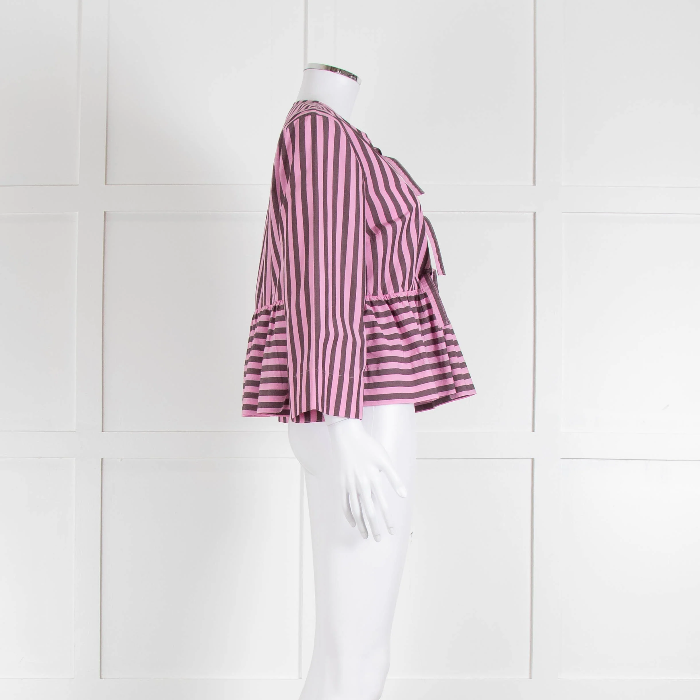 Ganni Pink and Brown Stripe Tie Front Blouse - Image 4