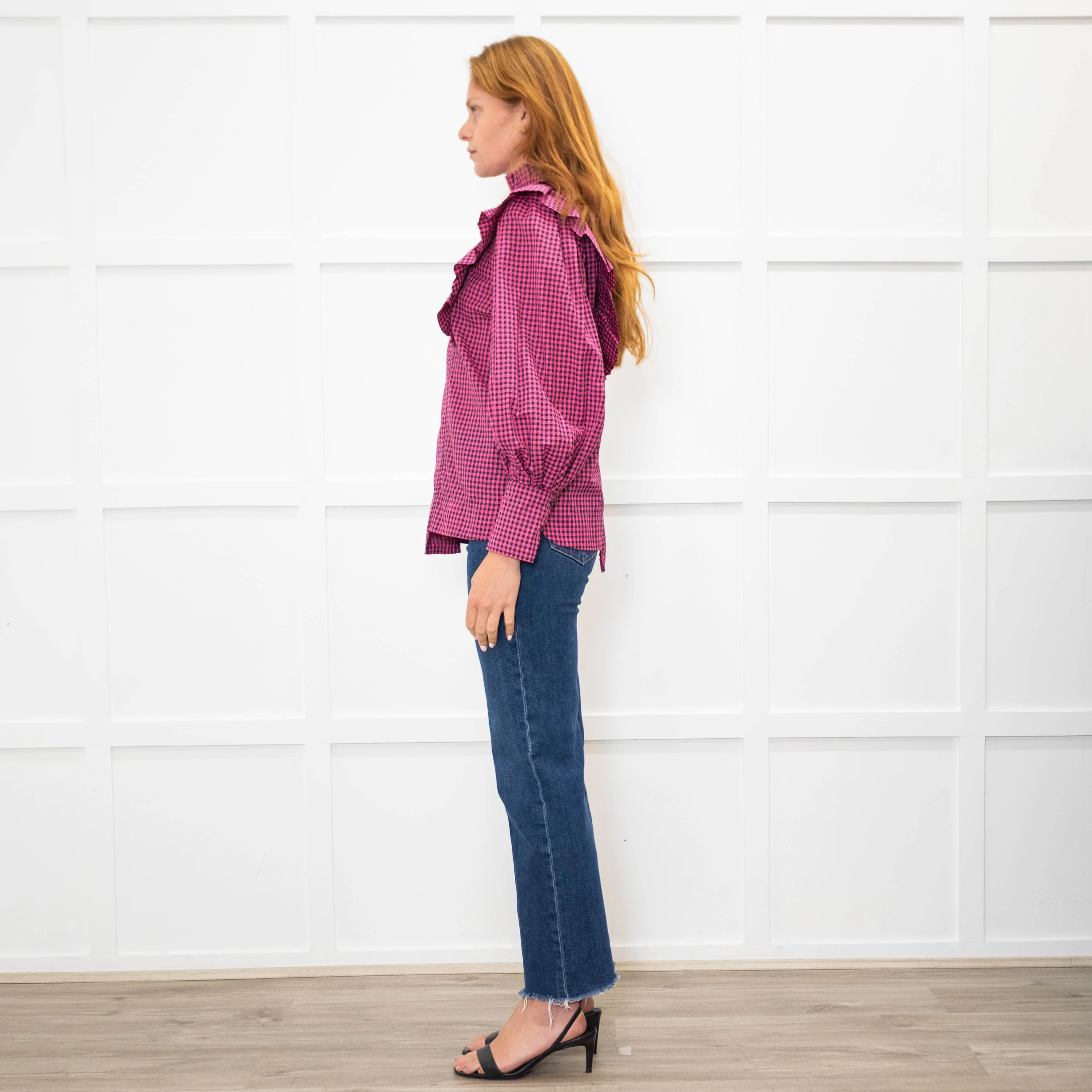 Ganni Pink Black Check High Neck Ruffle Front Blouse - Image 4