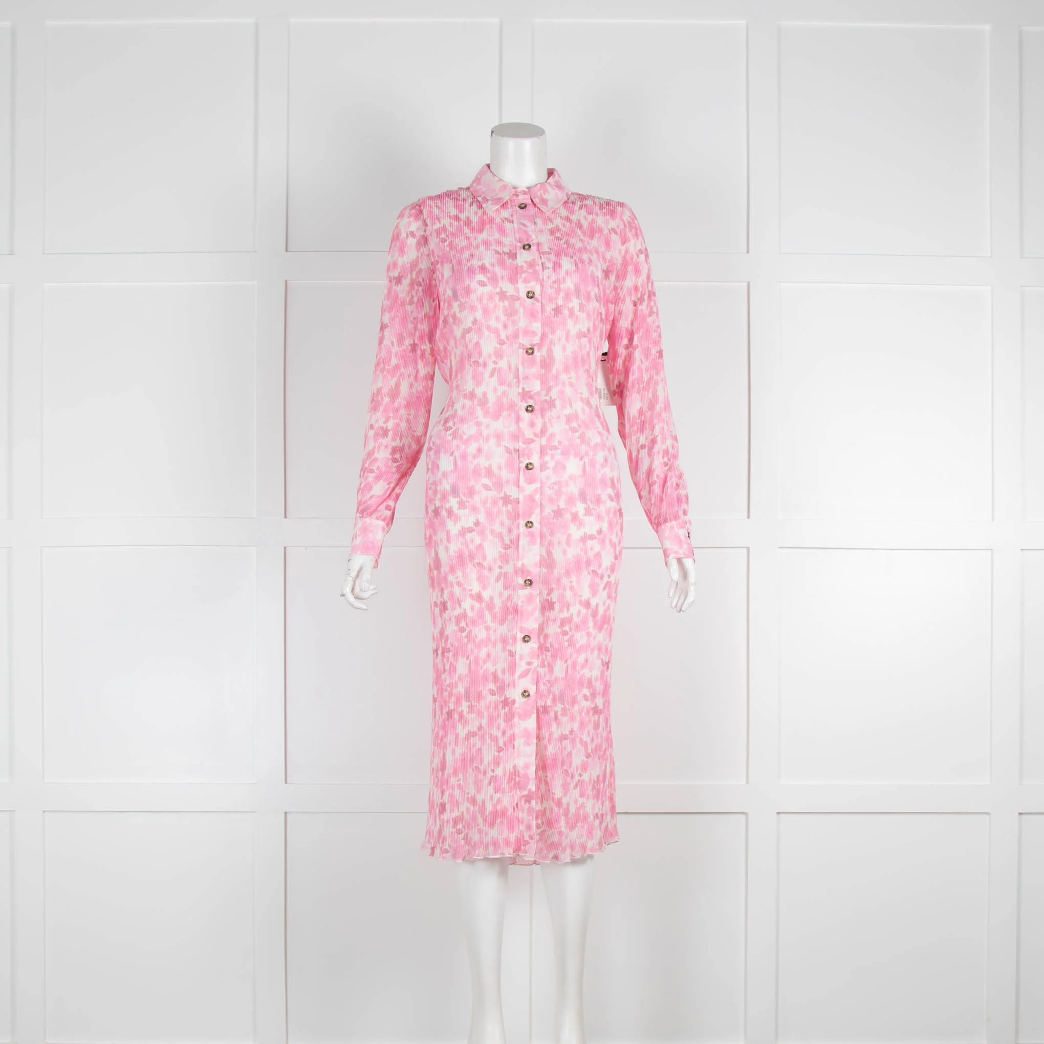 Ganni Pink Floral Patterned Plisse Georgette Midi Shirt Dress
