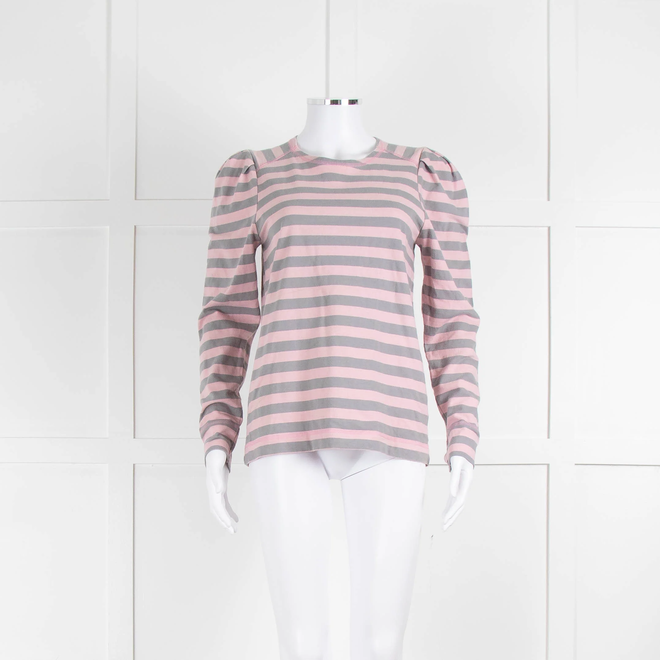 Ganni Pink Grey Strip Cotton Long Sleeve Top