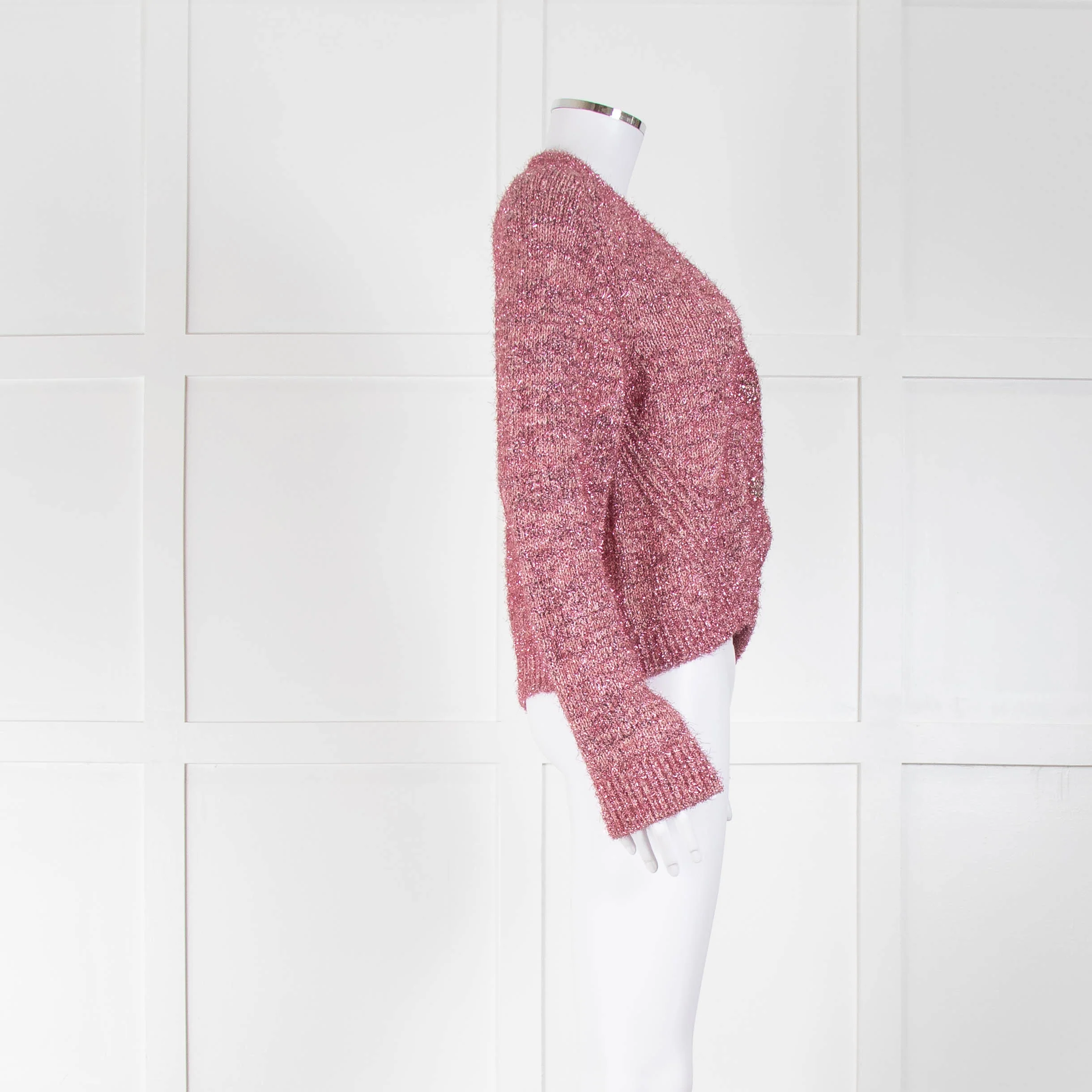 Ganni Pink Sparkle Cardigan with Jewelled Button - Image 2