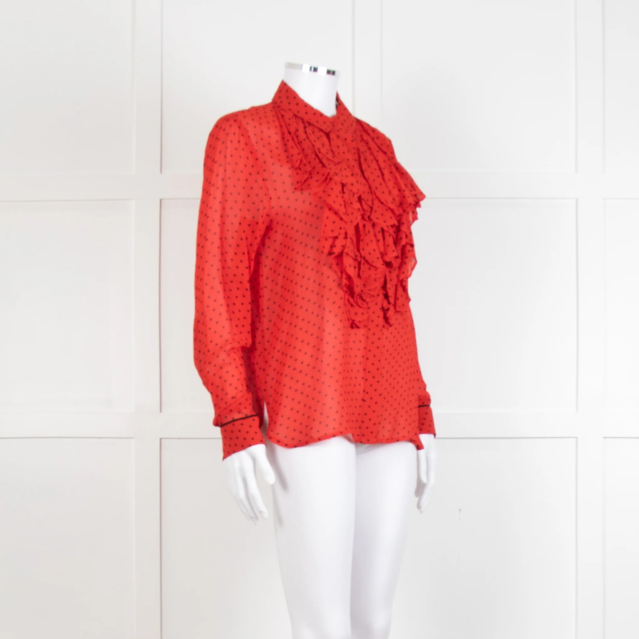 Ganni Red Black Polka Dot Frill Front Long Sleeve Shirt - Image 2