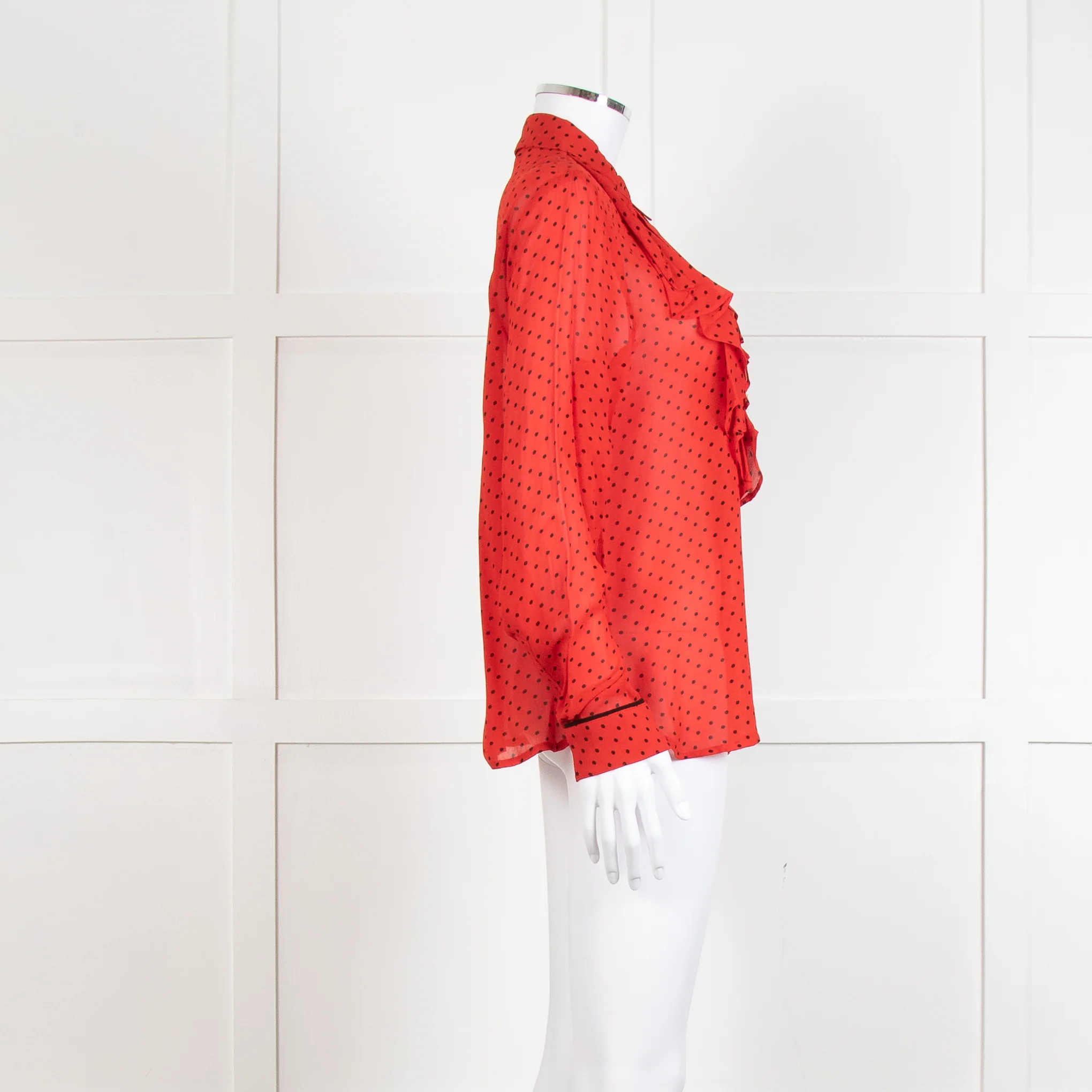 Ganni Red Black Polka Dot Frill Front Long Sleeve Shirt - Image 3