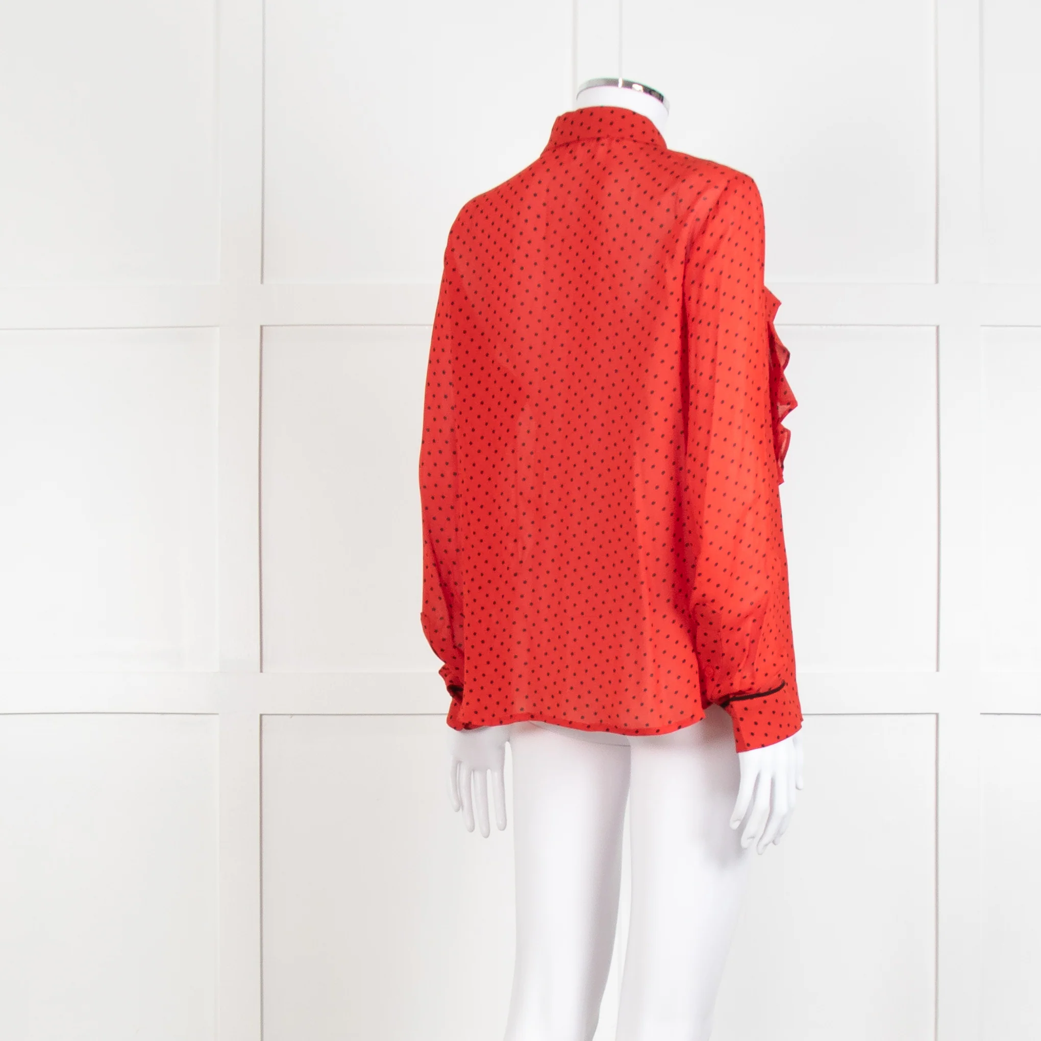 Ganni Red Black Polka Dot Frill Front Long Sleeve Shirt - Image 4