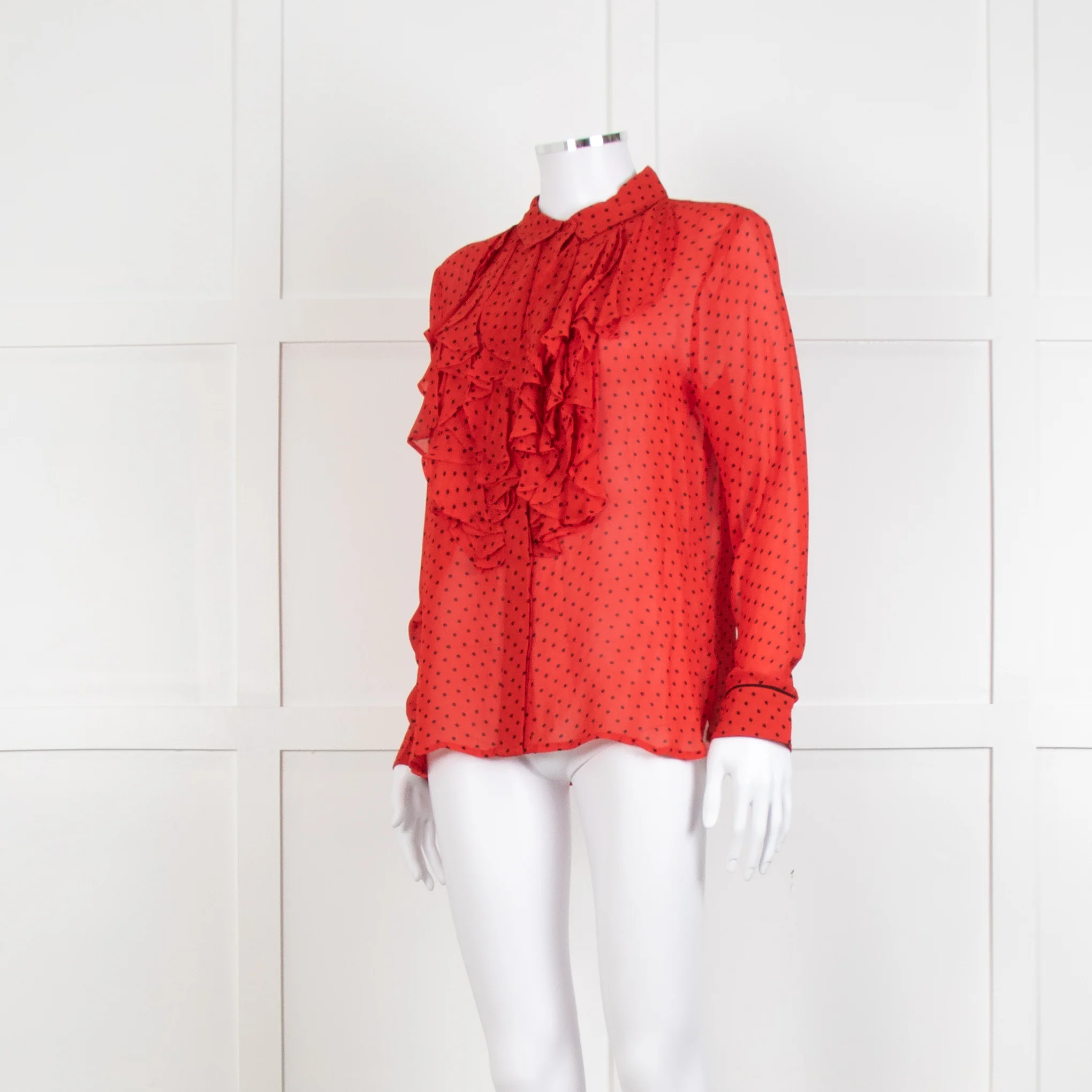 Ganni Red Black Polka Dot Frill Front Long Sleeve Shirt - Image 8