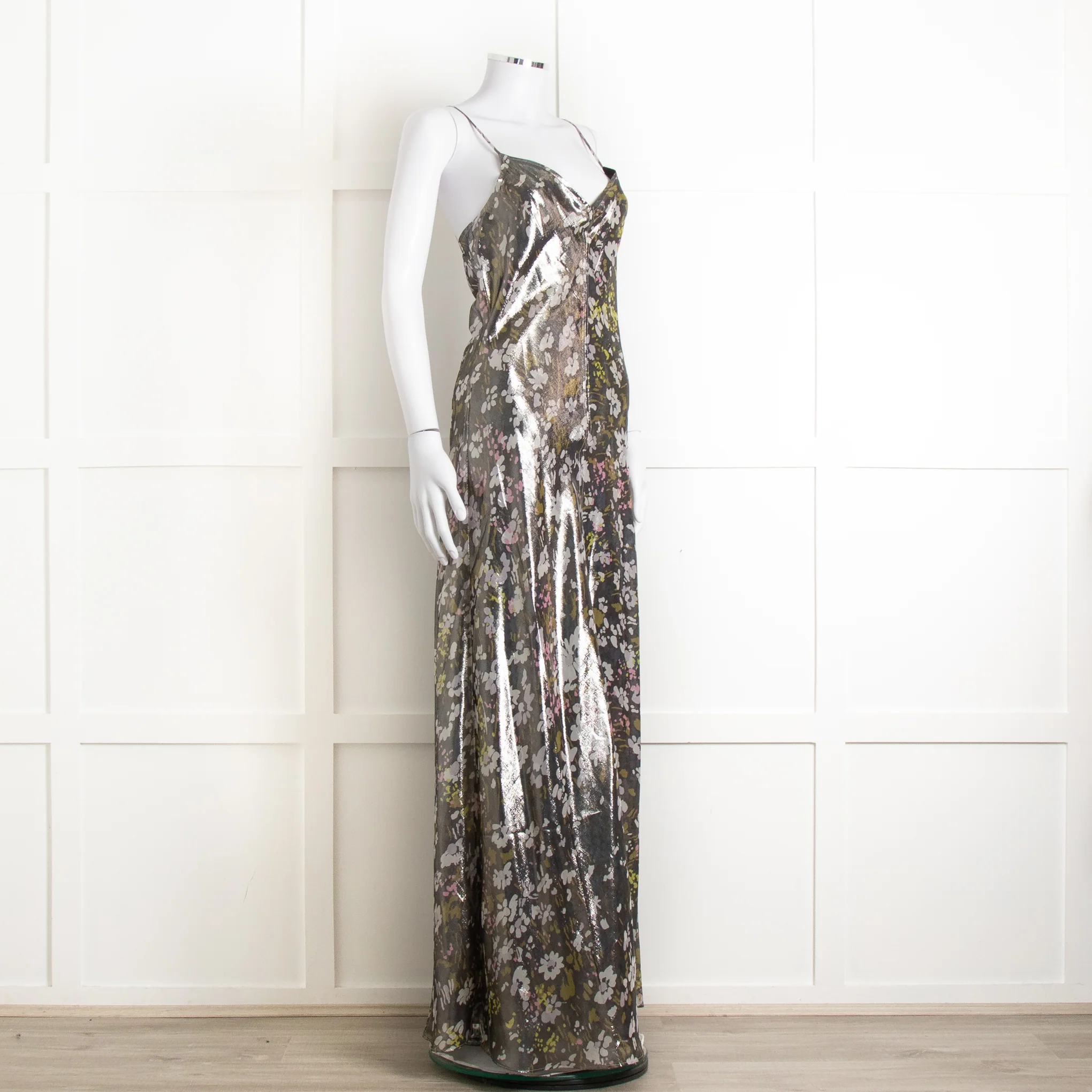 Ganni Silver Floral Lame Cut Out Back Sleeveless Maxi Dress - Image 2