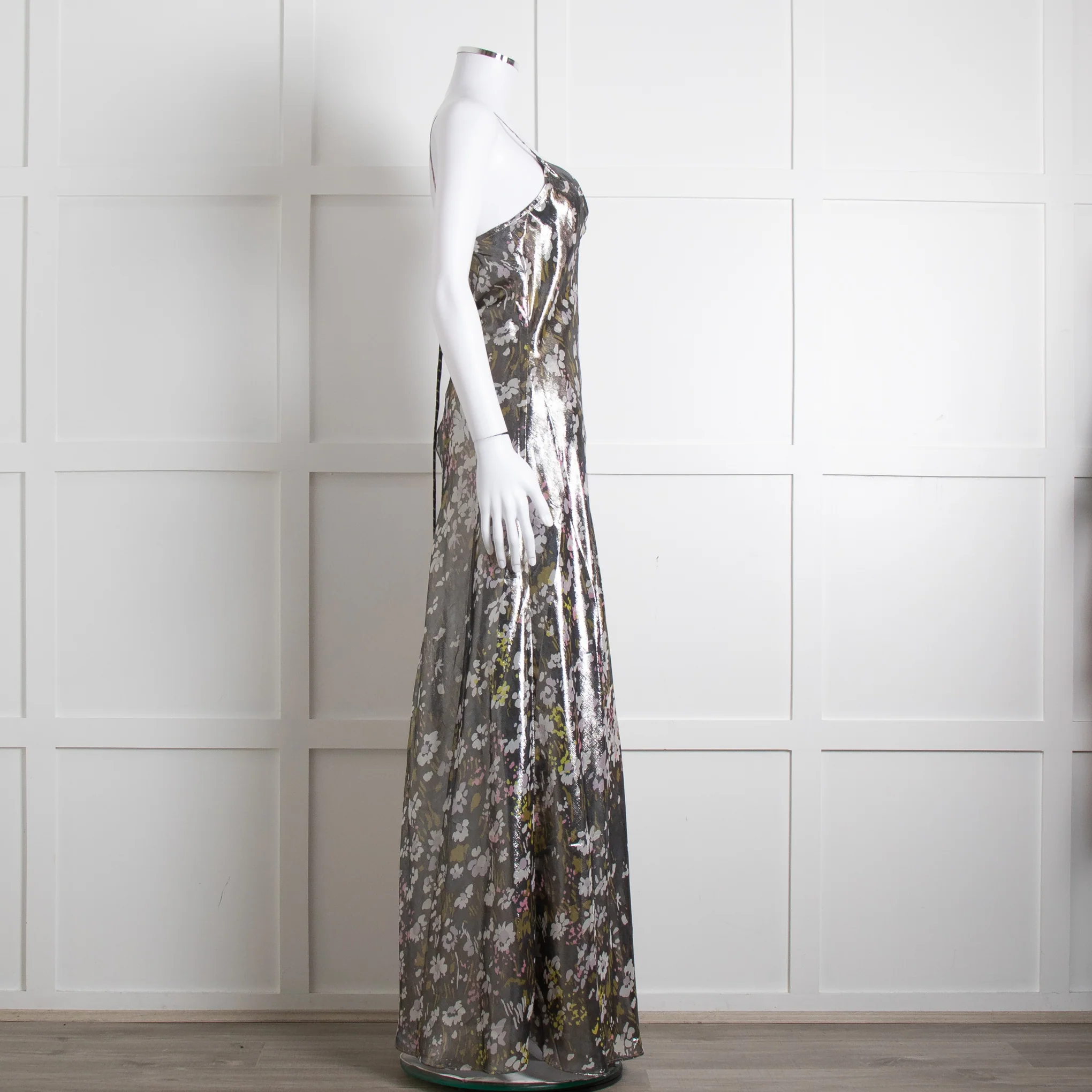 Ganni Silver Floral Lame Cut Out Back Sleeveless Maxi Dress - Image 3