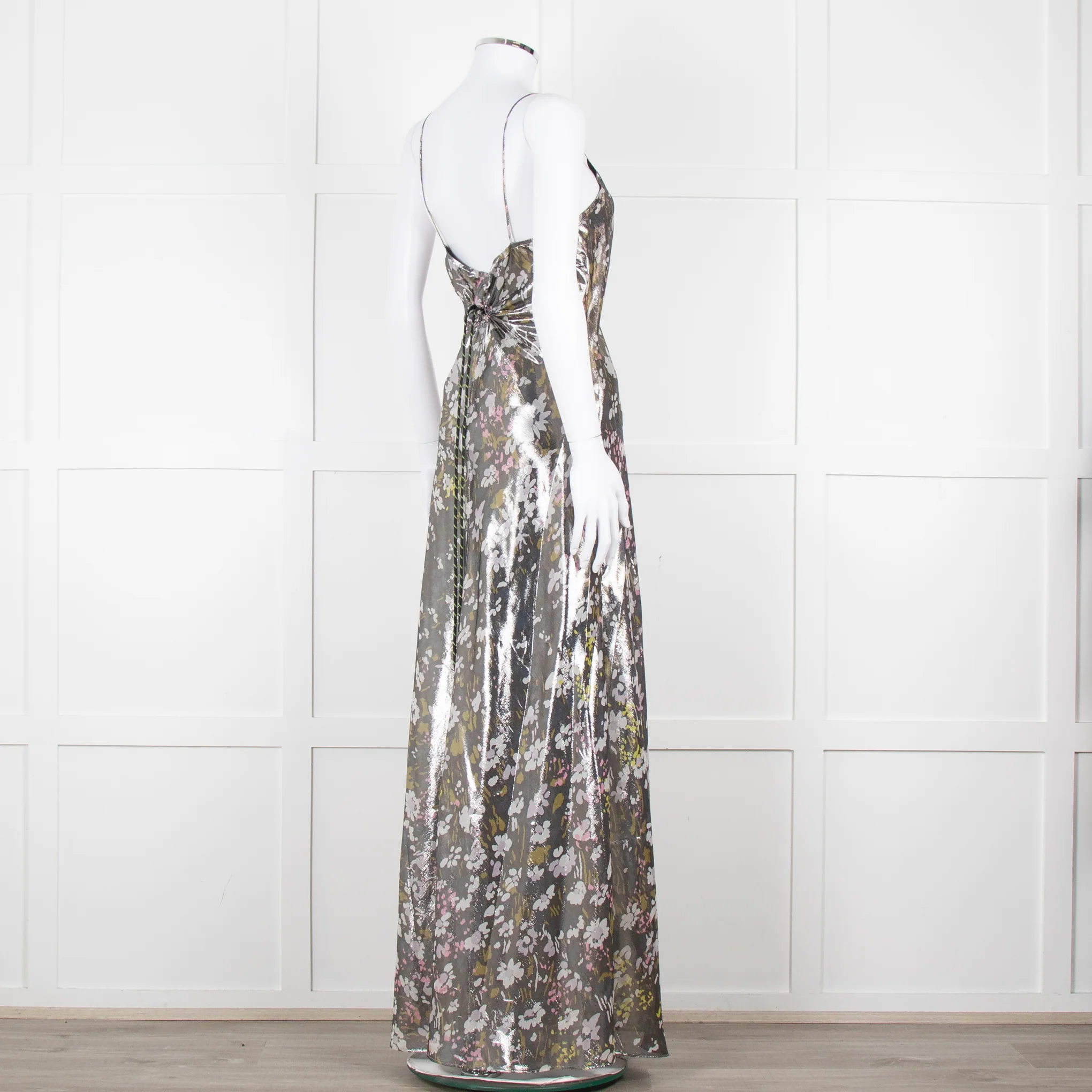 Ganni Silver Floral Lame Cut Out Back Sleeveless Maxi Dress - Image 4