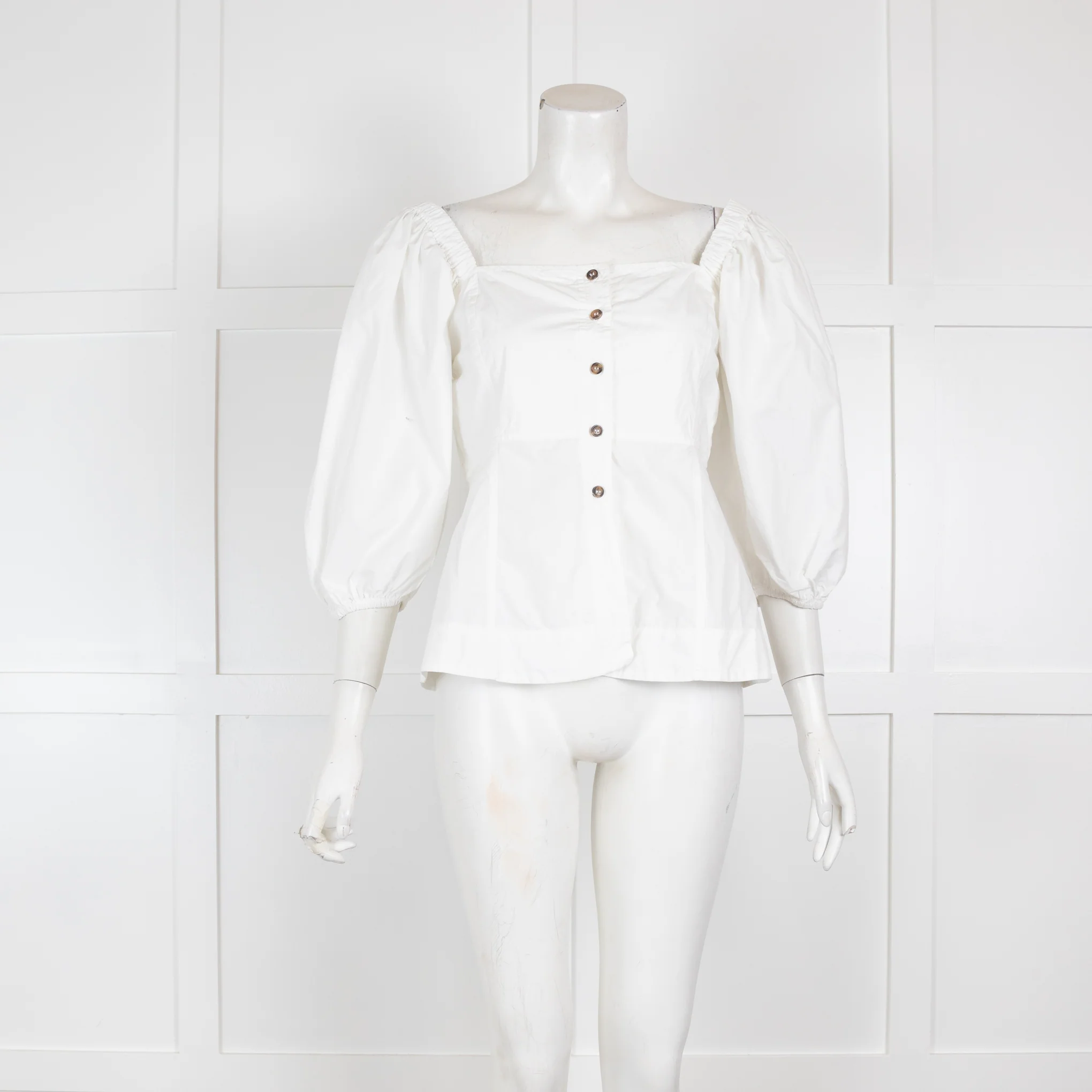 Ganni White Off The Shoulder Button Front Top