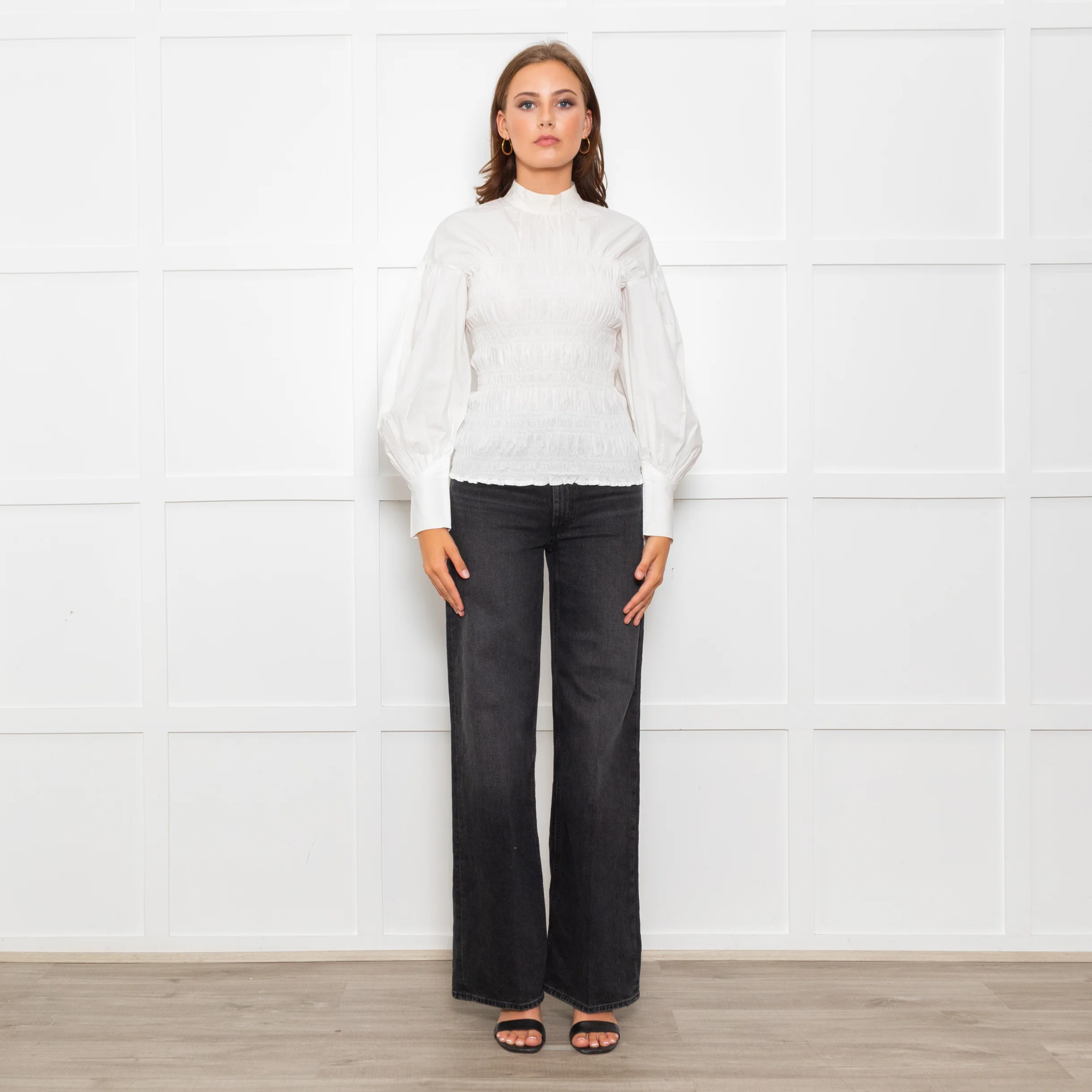 Ganni White Ruched Detail Puff Sleeved Cotton Top