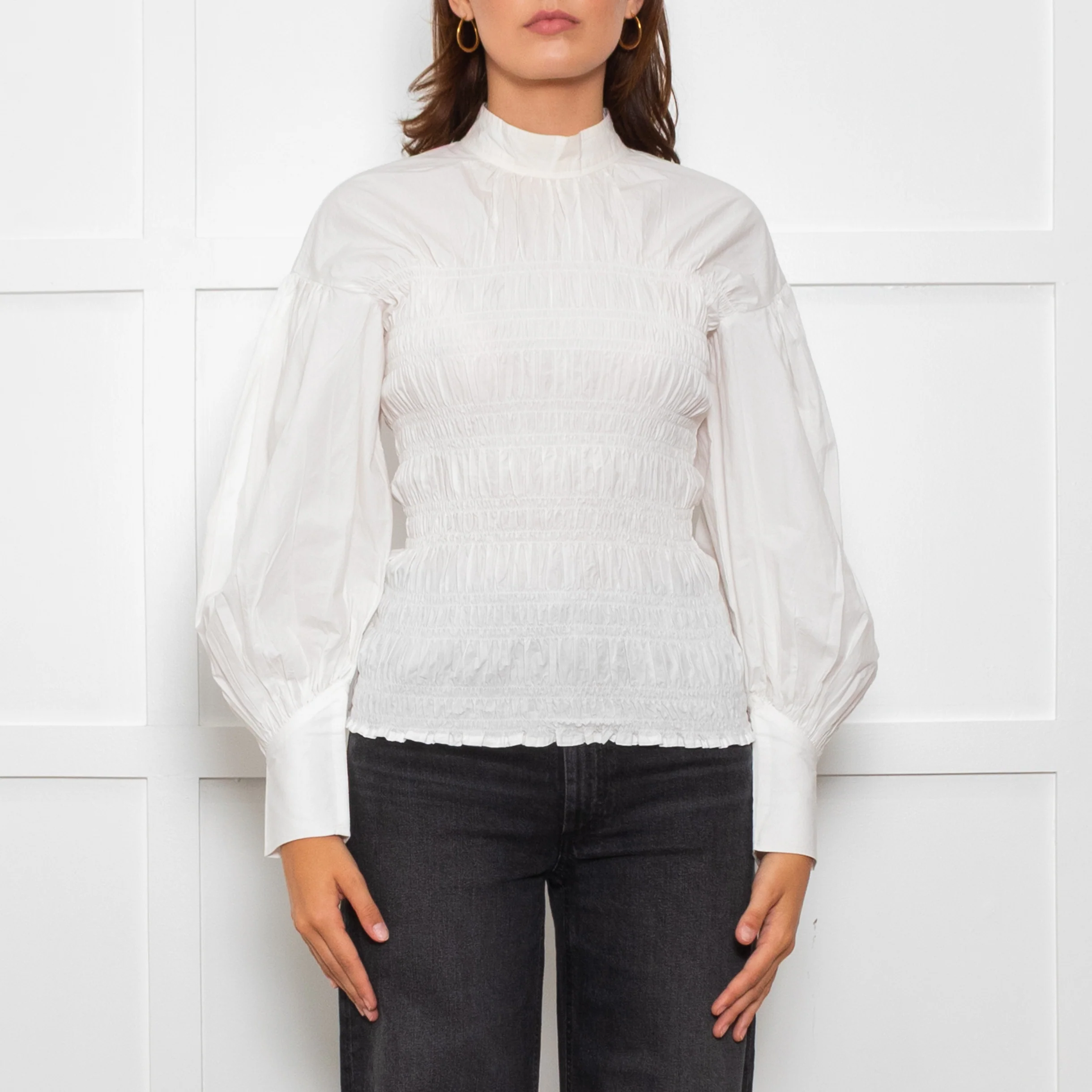 Ganni White Ruched Detail Puff Sleeved Cotton Top - Image 2