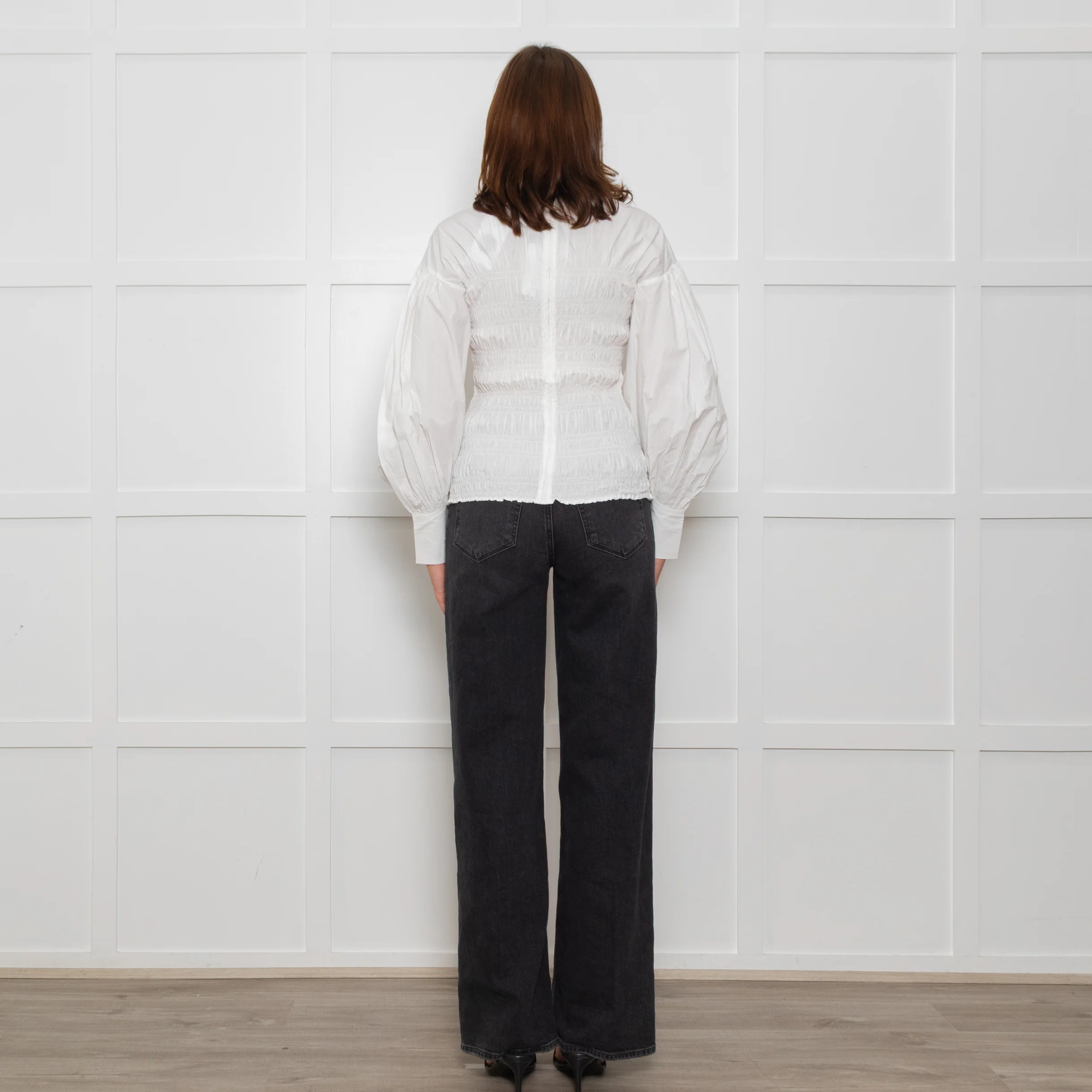 Ganni White Ruched Detail Puff Sleeved Cotton Top - Image 5