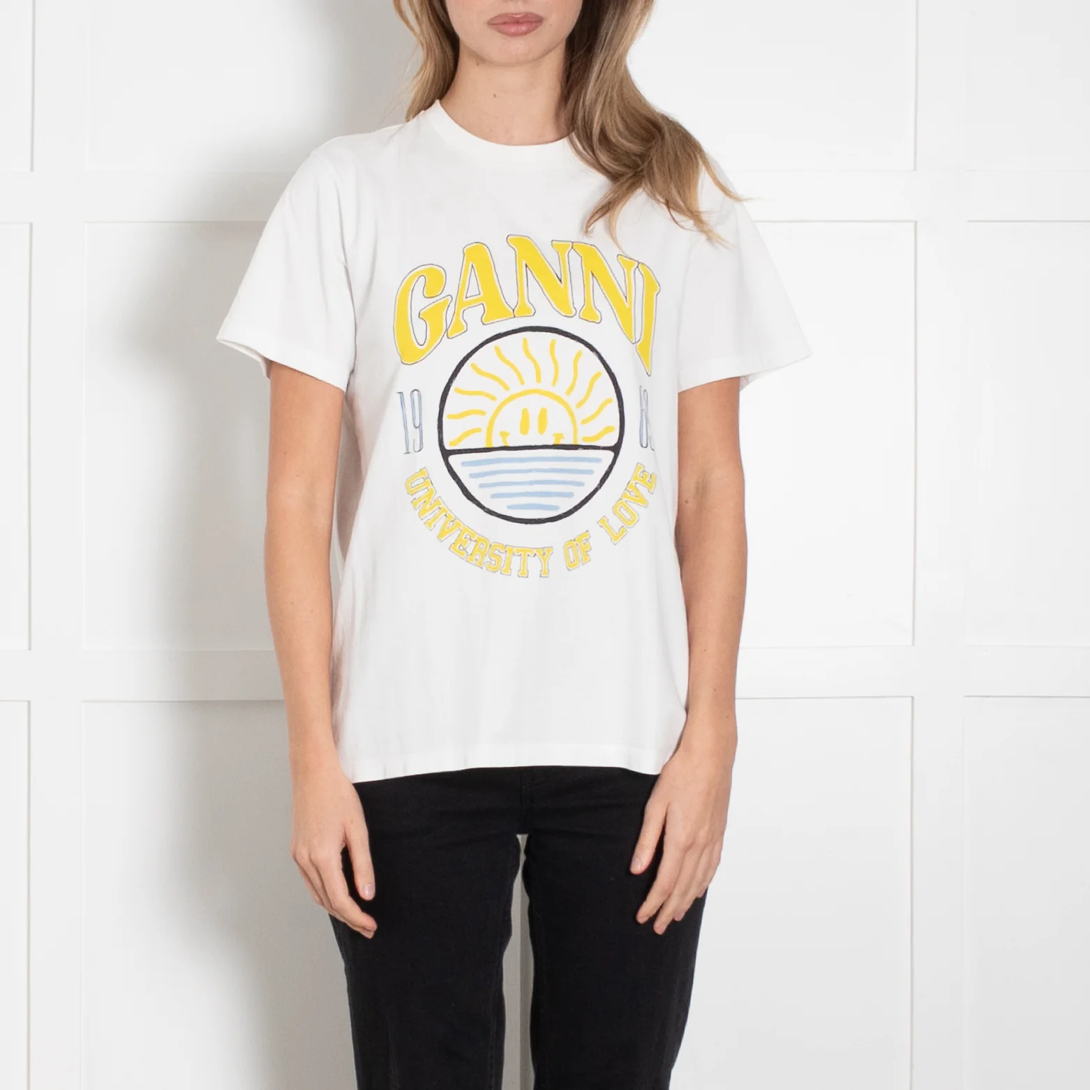 Ganni White Yellow Slogan T-Shirt - Image 2