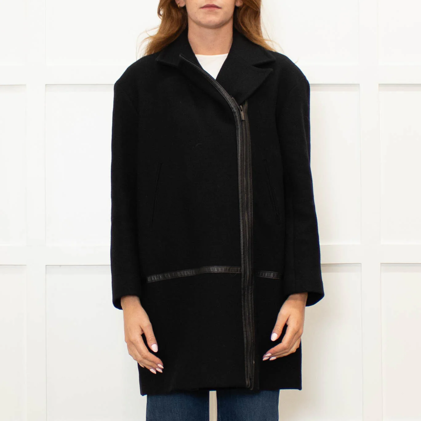 Gerard Darel Black 3/4 Lenth Wool Zip Front Coat With Faux Leather TrimWool - Image 2