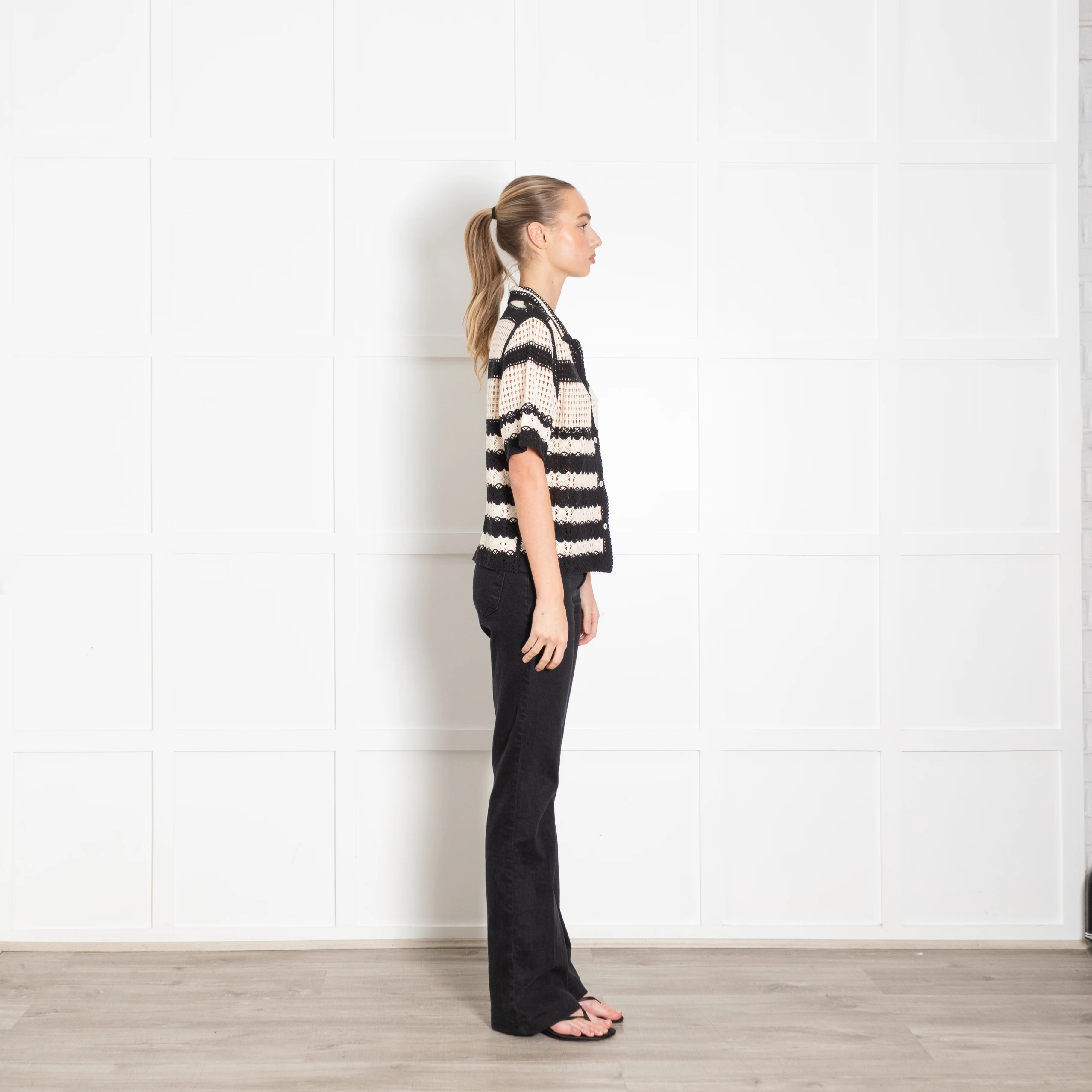 Gerard Darel Black And Cream Crochet Stripe Cotton Short Sleeve Cardigan - Image 6