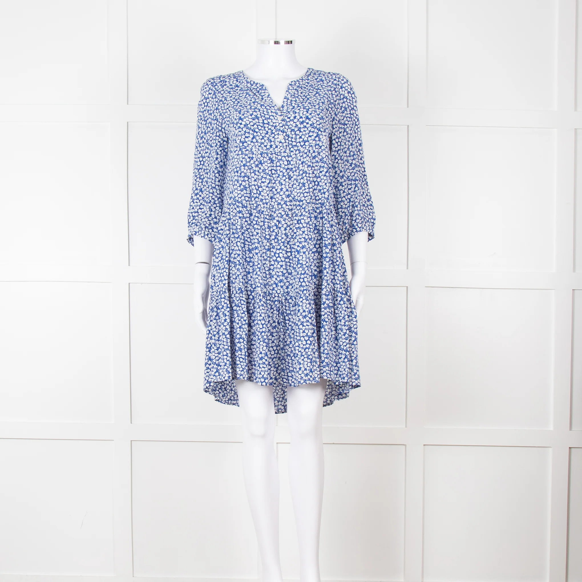 Gerard Darel Blue and White Leaf Print Mini Dress