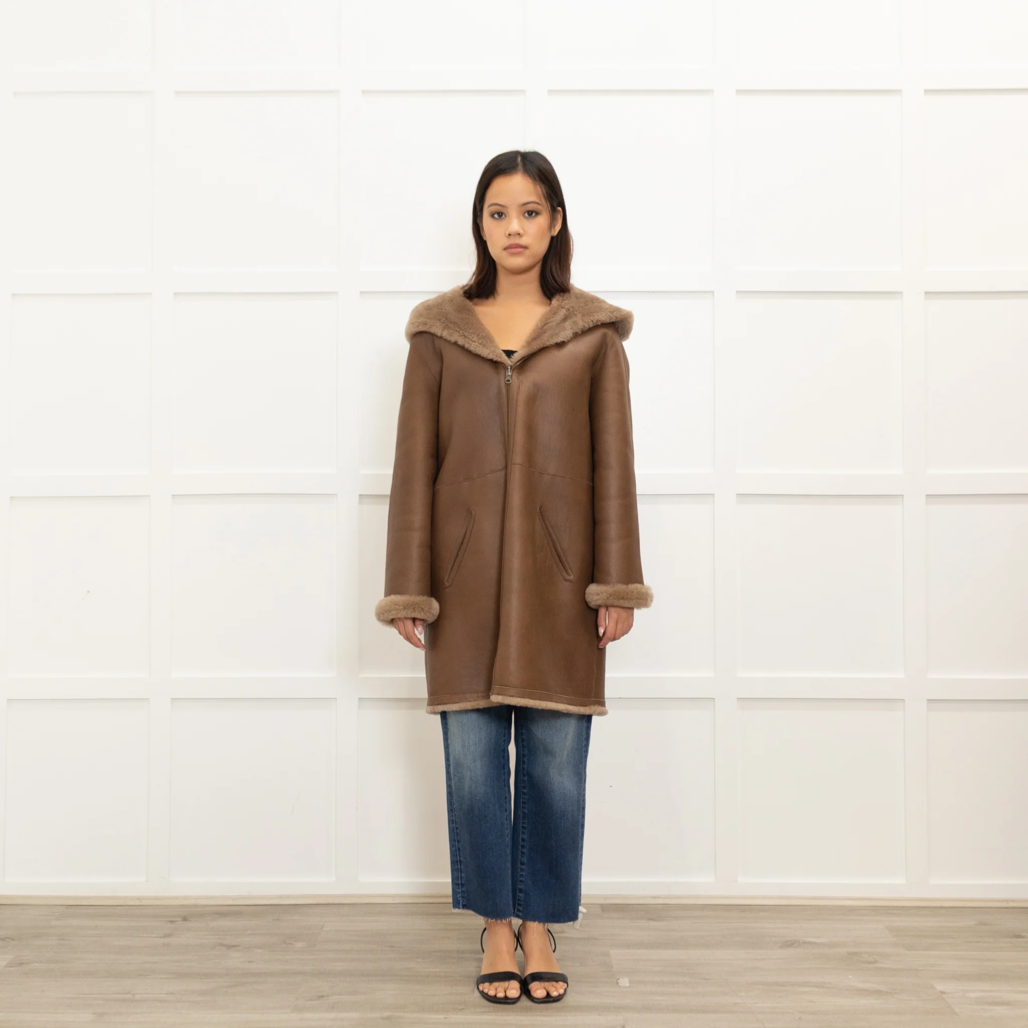 Gerard Darel Brown Reversible Hooded Shearling Jacket
