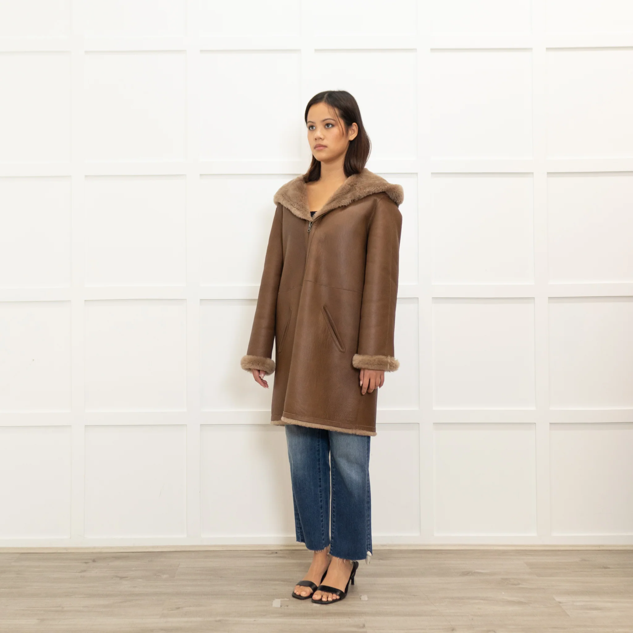 Gerard Darel Brown Reversible Hooded Shearling Jacket - Image 6